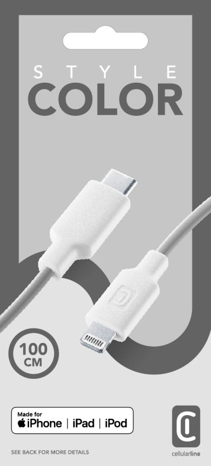 Câble de charge blanc avec connecteurs USB-C et Lightning, sur une carte produit avec texte.
