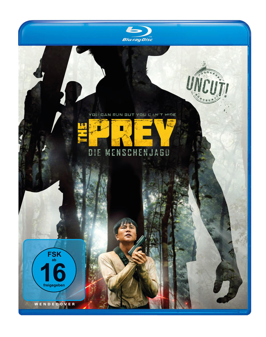 Blu-ray-Disc-Cover für 'The Prey' mit einem Mann, der eine Waffe in einer Waldkulisse hält.