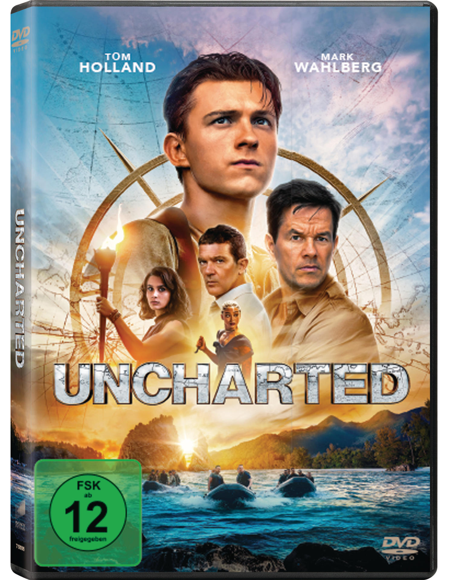 DVD-Hülle: Schauspieler Tom Holland, Mark Wahlberg auf dem Cover. Text: Uncharted.