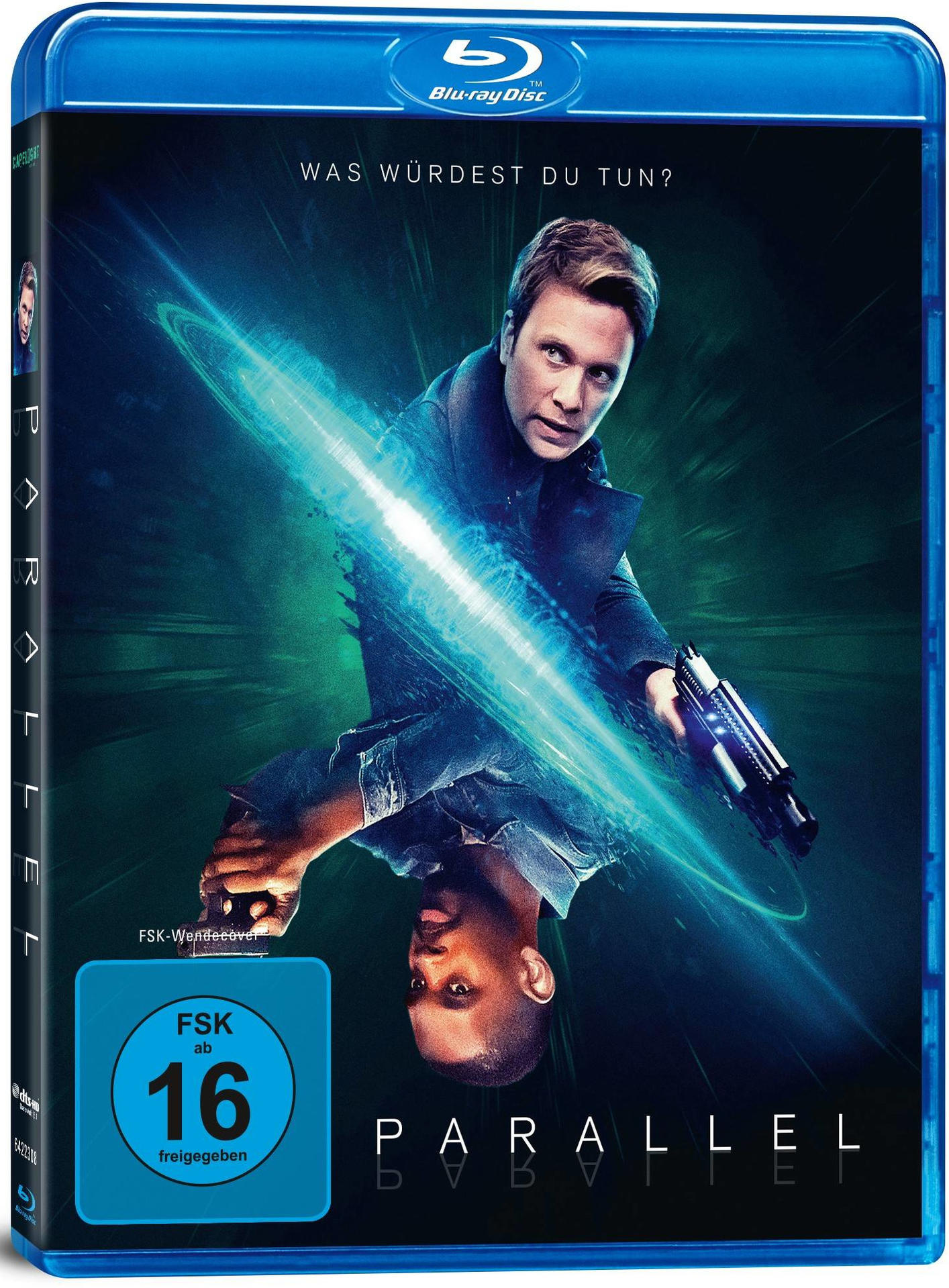 Blu-ray Disc Hülle. Mann hält eine Waffe, Titel: Parallel, deutscher Text und Bewertungssiegel.