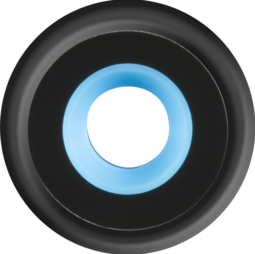 Schwarzer Kreis mit einem inneren schwarzen Kreis und einem blauen Ring, mit einem weißen Zentrum.