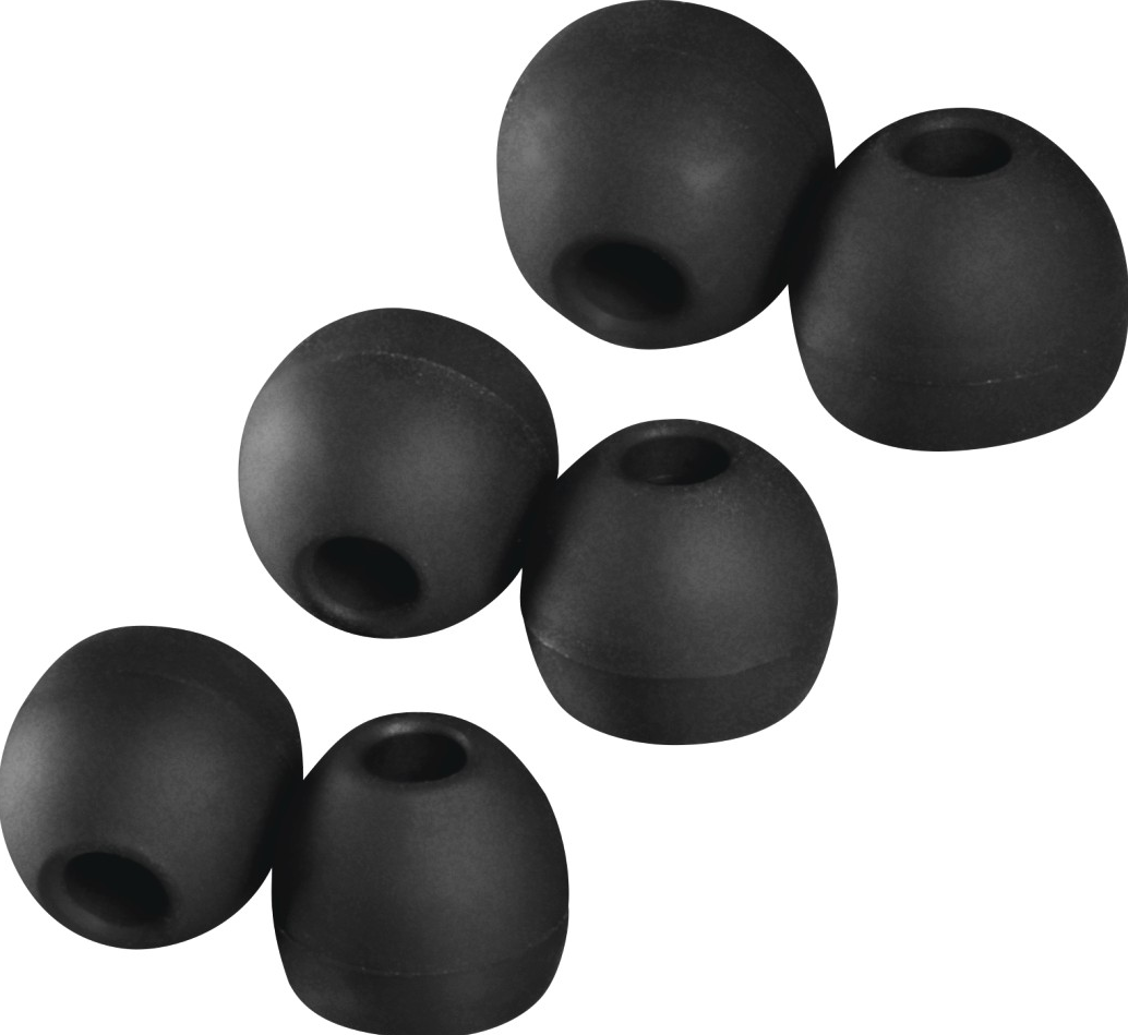 Sechs schwarze Ohrstöpsel in verschiedenen Formen, passend für In-Ear-Kopfhörer.