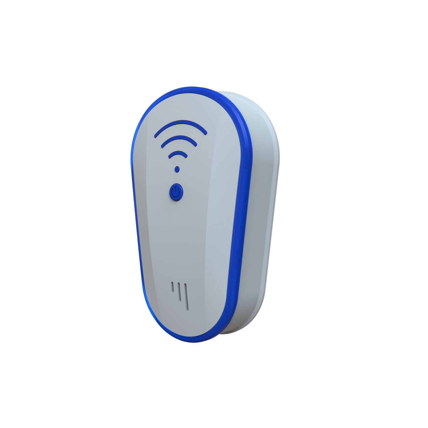 Dispositivo repelente de plagas blanco y azul. Presenta un botón de encendido y un símbolo wifi.