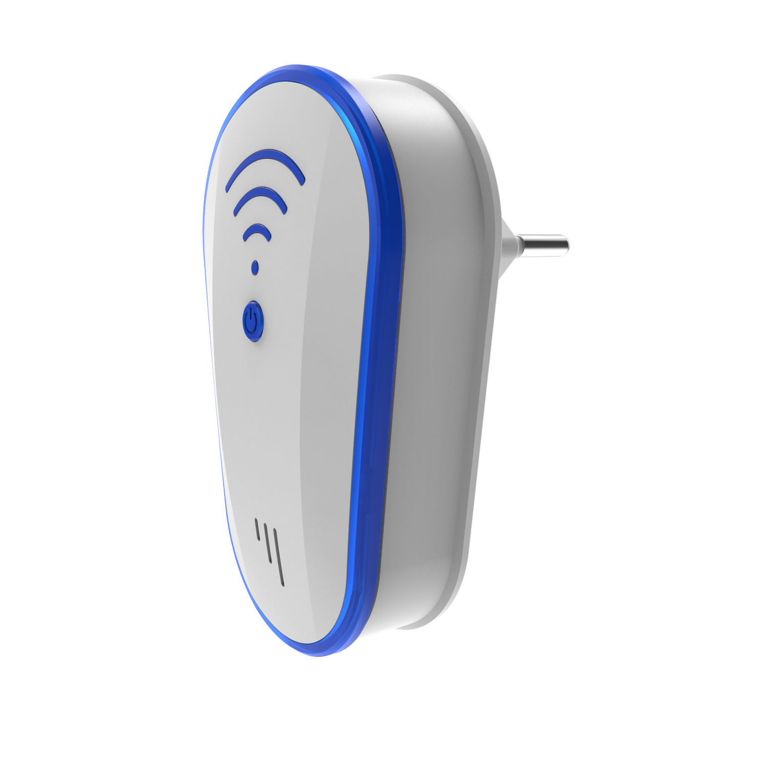 Repelente de plagas blanco y azul. Tiene un botón de encendido y un símbolo Wi-Fi, con un enchufe.