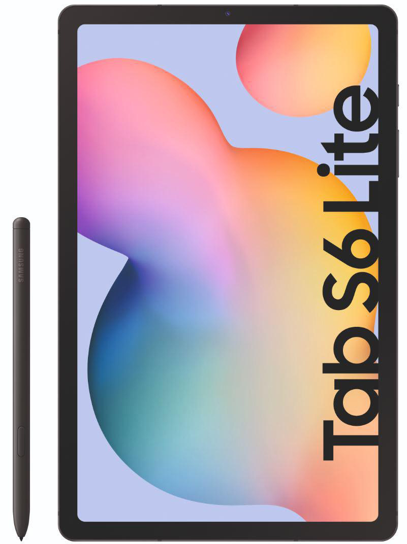 Schwarzes Tablet mit Stift. Tablet zeigt bunte abstrakte Formen und die Worte 'Tab S6 Lite'.