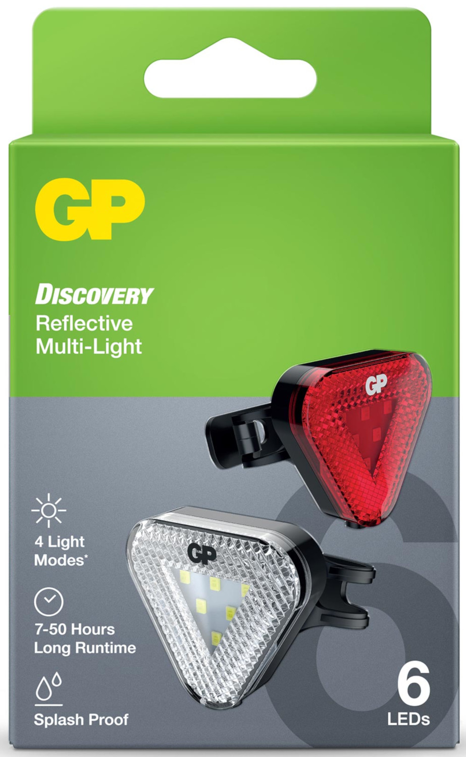 Een doos met fietsverlichting, met een rood en een wit licht, en het merk 'GP' zichtbaar.