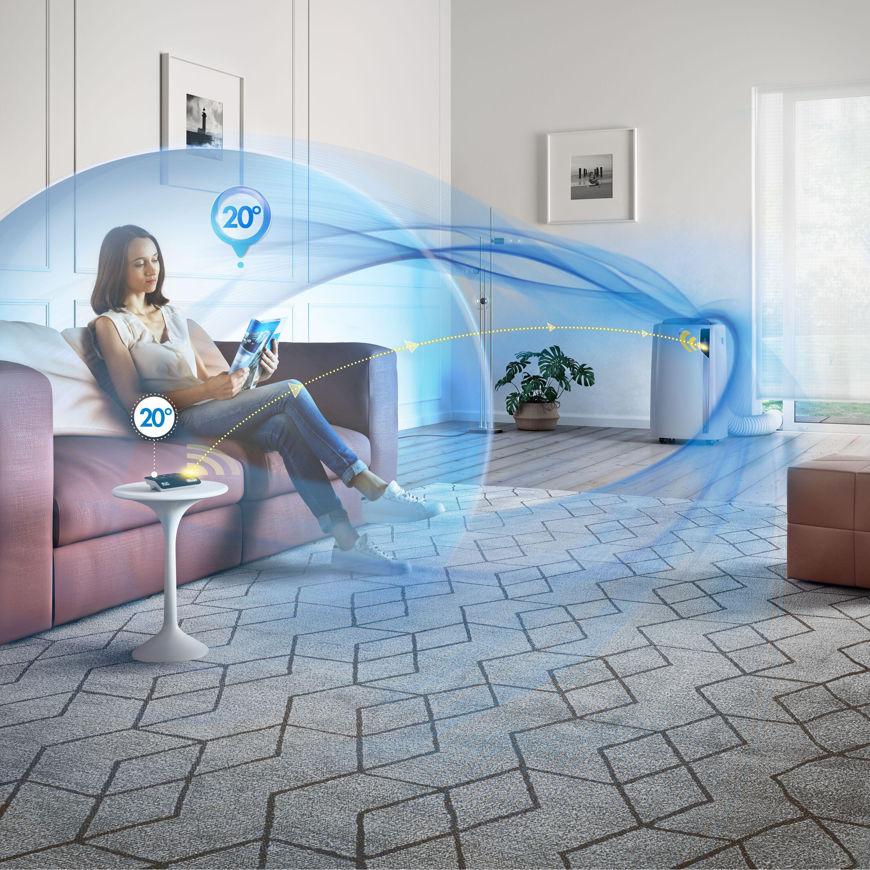 Frau liest auf einer Couch, stilisierter Luftstrom und Temperatur-Icons in einem Wohnzimmer.