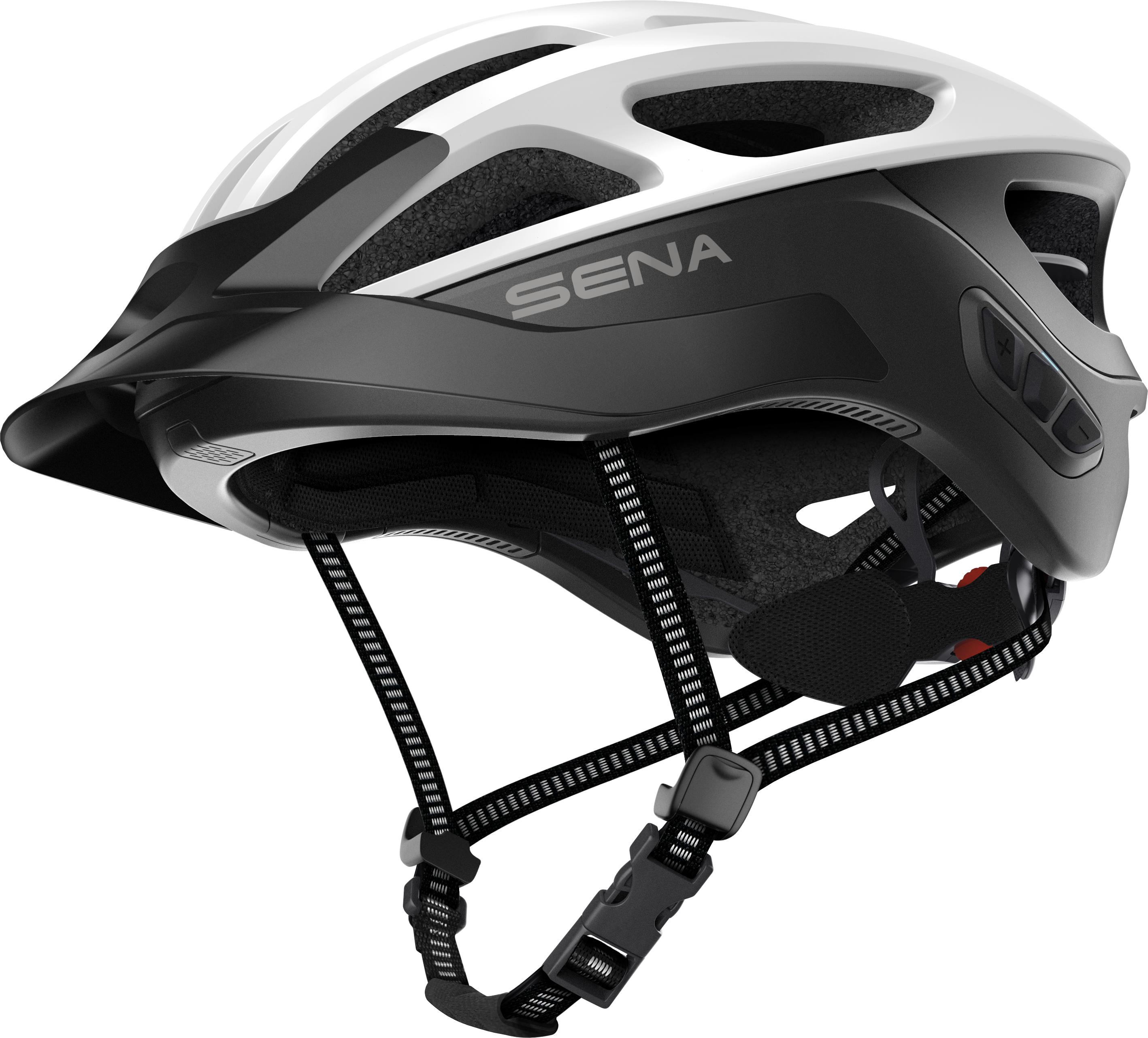 Weiß-schwarzer Fahrradhelm mit Visier. Der Markenname ist Sena.