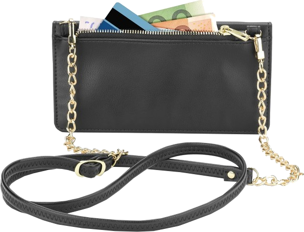 Sac noir avec bandoulière en chaîne dorée, compartiment zippé avec cartes et billets.