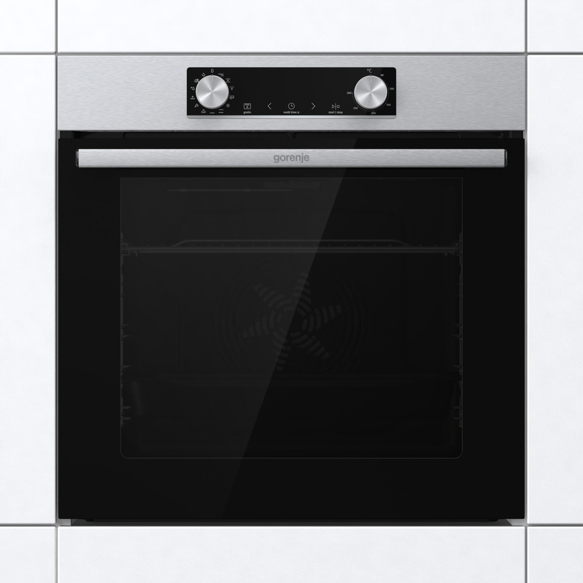 Moderner Einbau-Backofen mit Edelstahl-Finish, schwarzer Glastür und Gorenje-Logo.