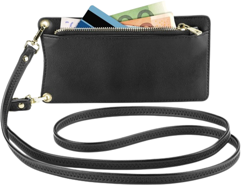 Zwarte leren crossbodytas met ritssluiting, met geld en kaarten, met een lange riem.