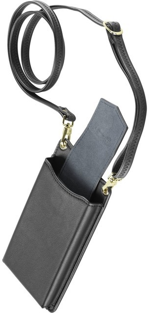 Een zwarte leren telefoonhoes met een riem en een grijze kaart.