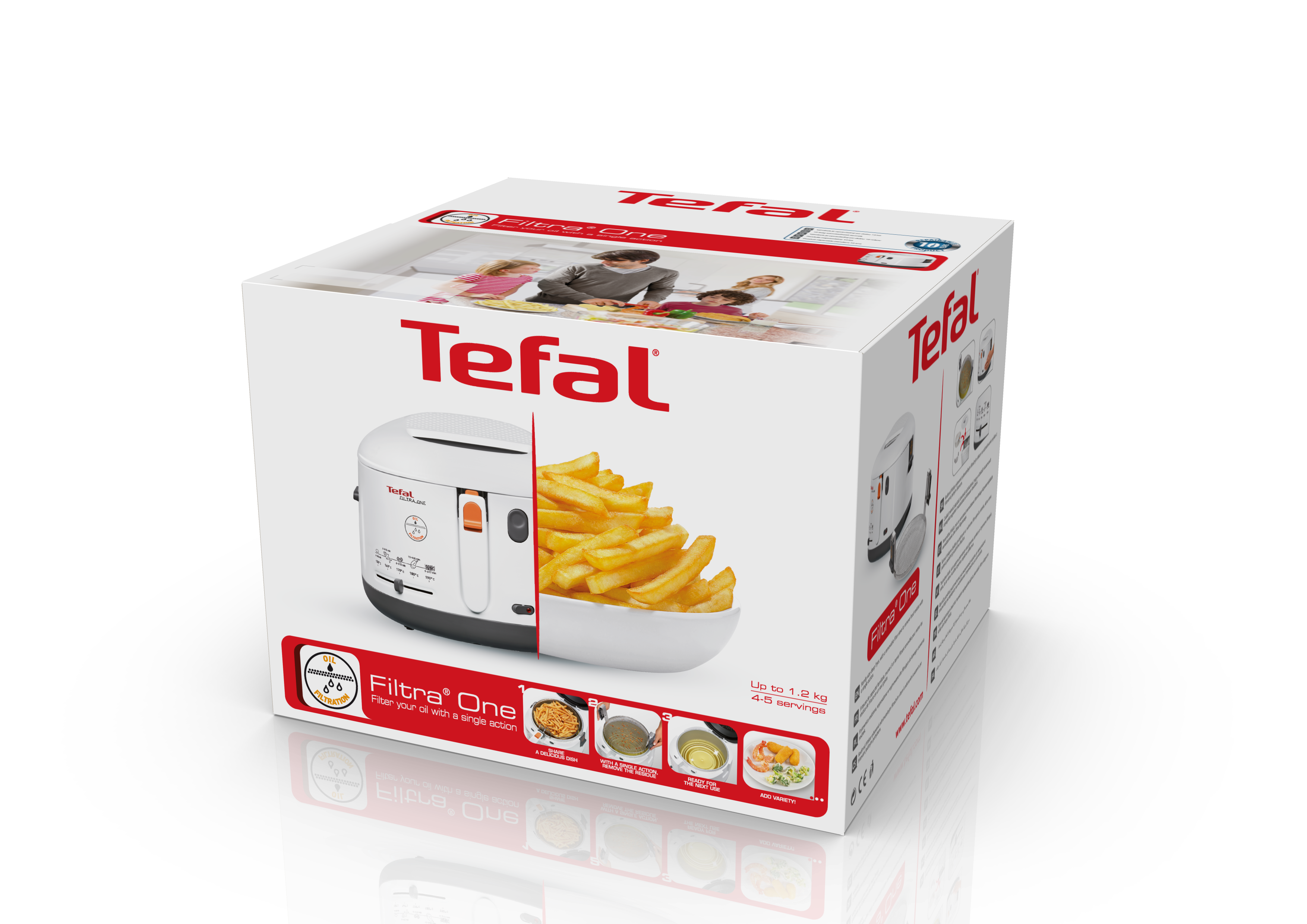 Tefal Filtra One fritőz doboz a fritőz és a sült krumpli képével.
