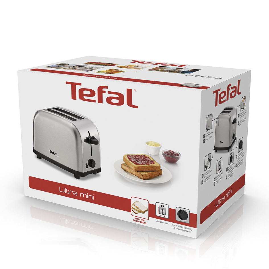 Tefal Ultra Mini kenyérpirító a dobozon pirítóssal, vajjal és lekvárral. Kompakt kialakítás.