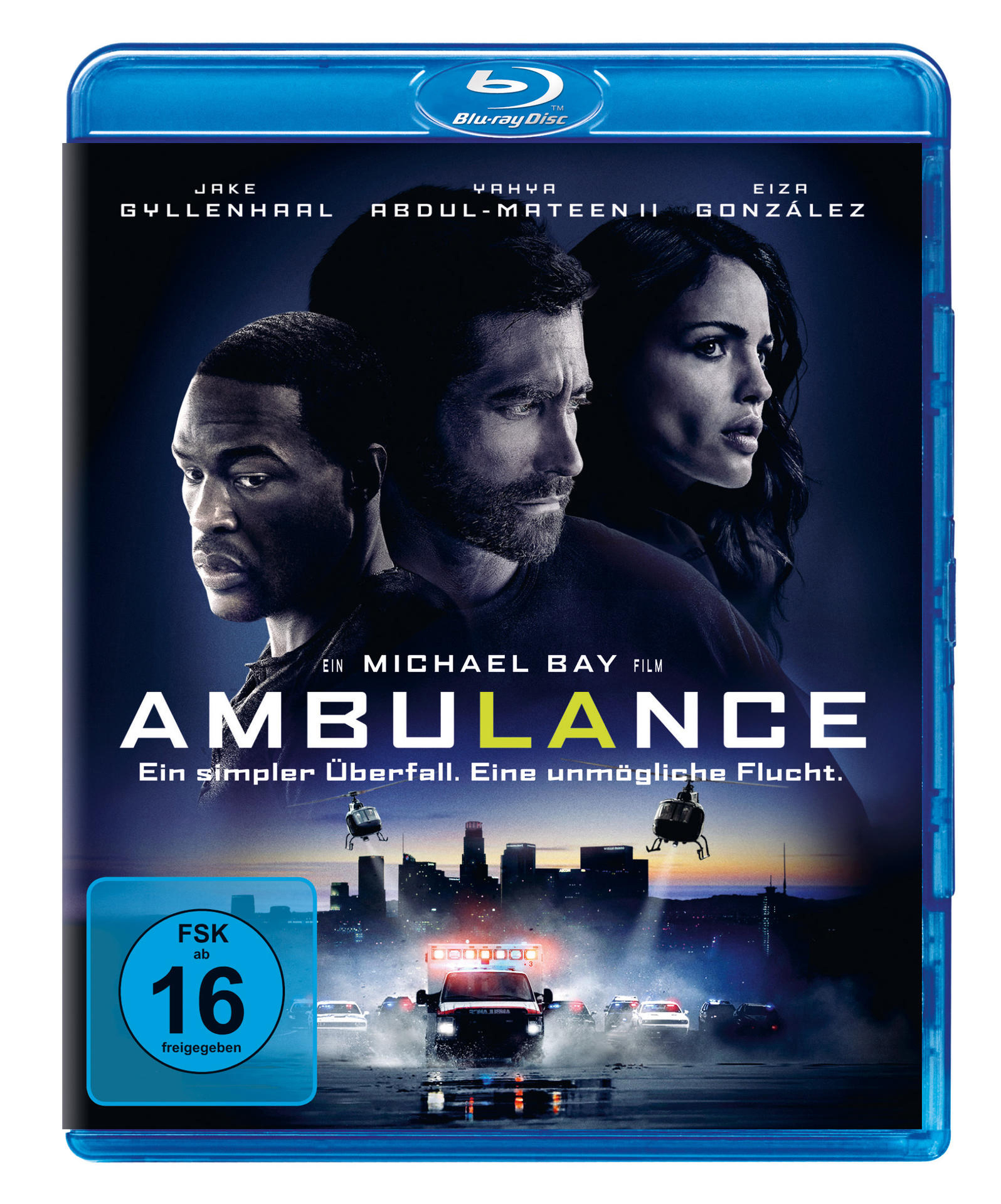 Blu-ray-Cover von 'Ambulance'. Drei Schauspieler in einem Auto, mit Stadtkulisse und Polizeiauto.