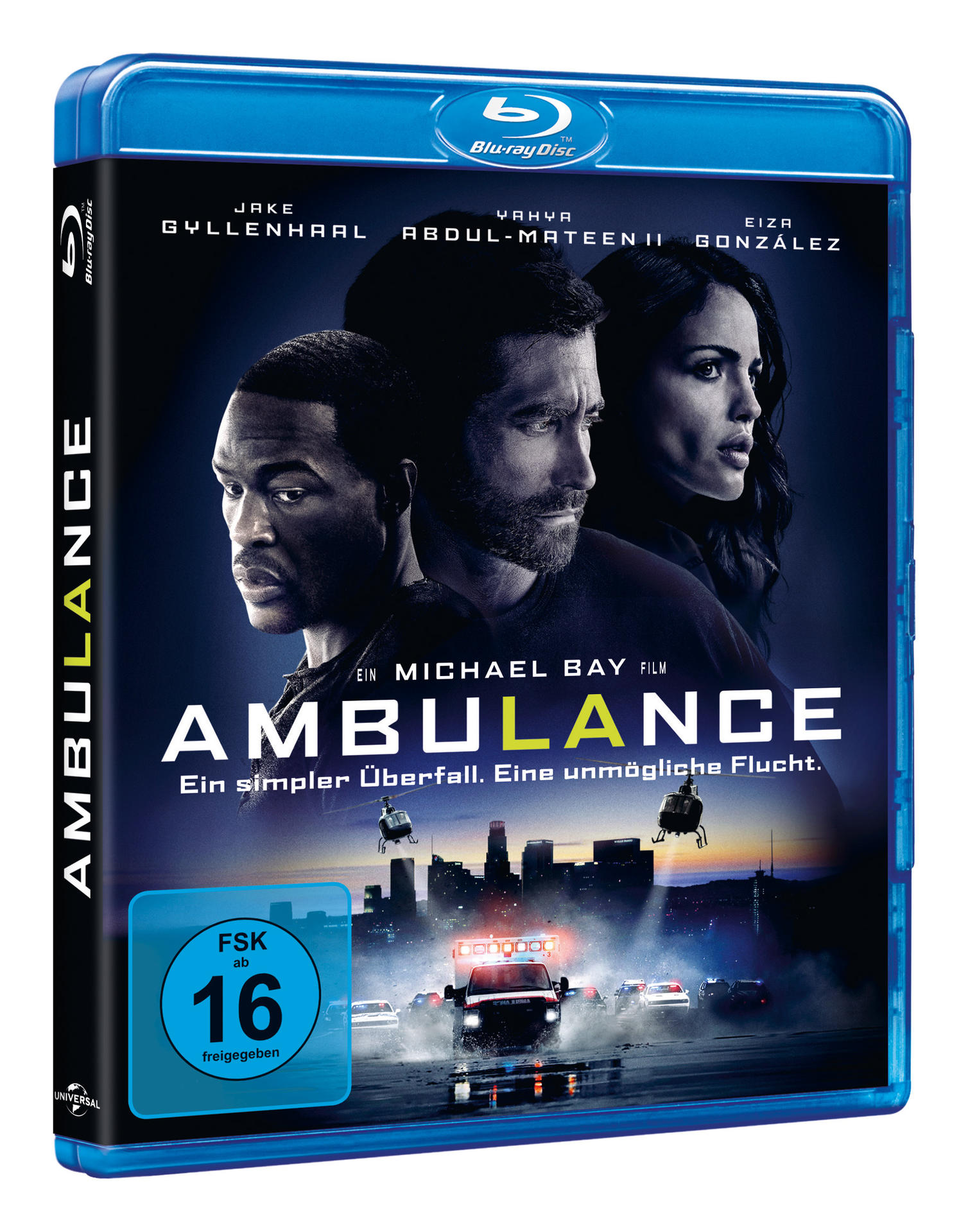 Blu-ray Disc des Films 'Ambulance'. Cover zeigt Schauspieler und Stadtlandschaft mit Polizeiautos.
