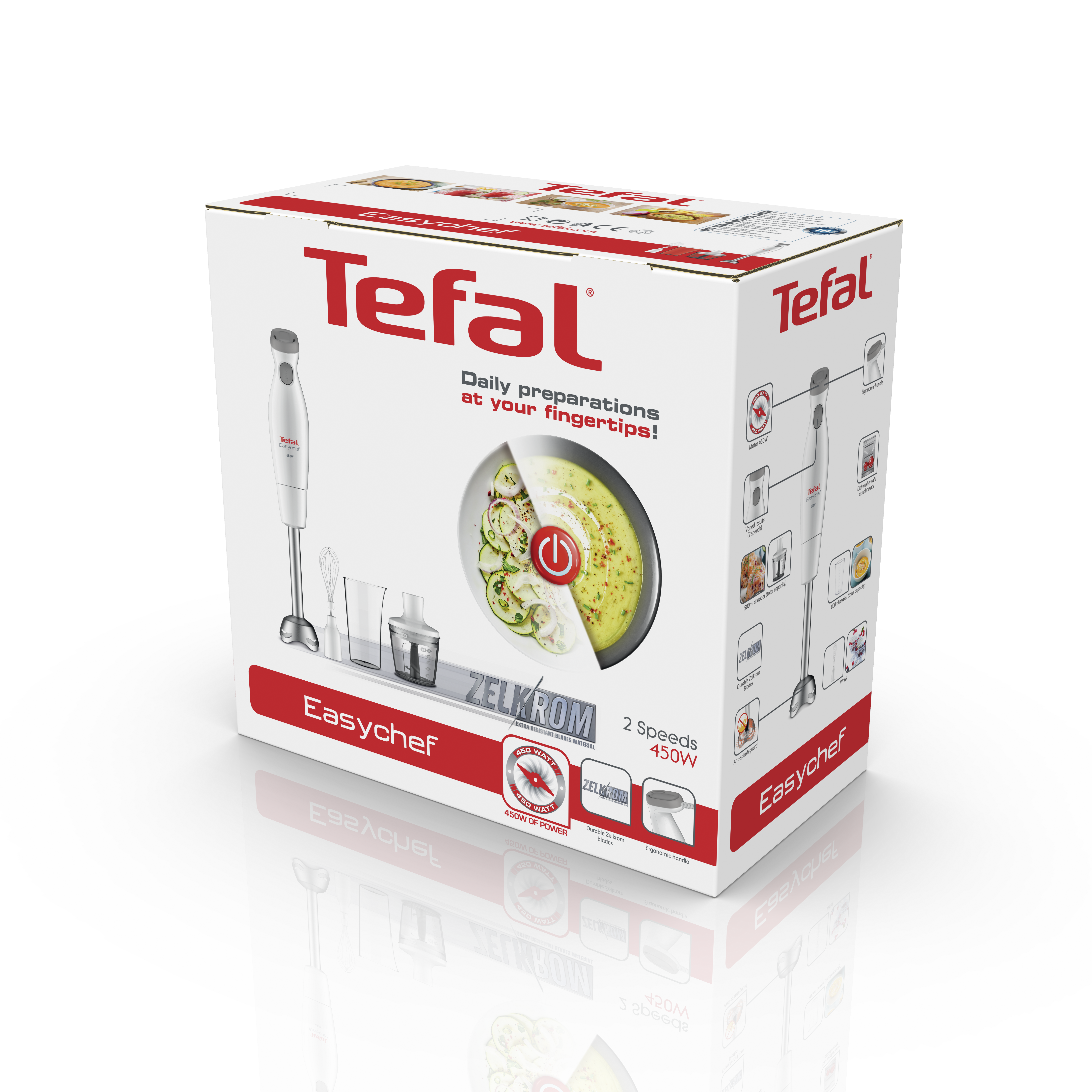 Tefal Easychef doboz. Fehér, a dobozban egy turmixgép és tartozékok. Szöveg és képek a dobozon.