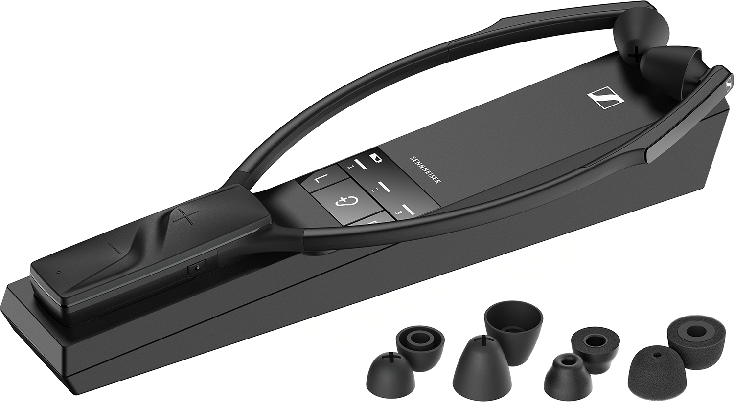 Black Sennheiser wireless headset and charging base with different ear tips.
