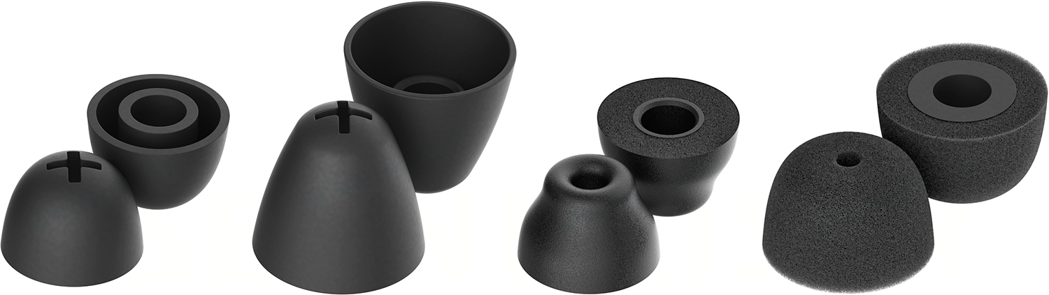 Set of black ear tips for earbuds, various shapes and sizes.