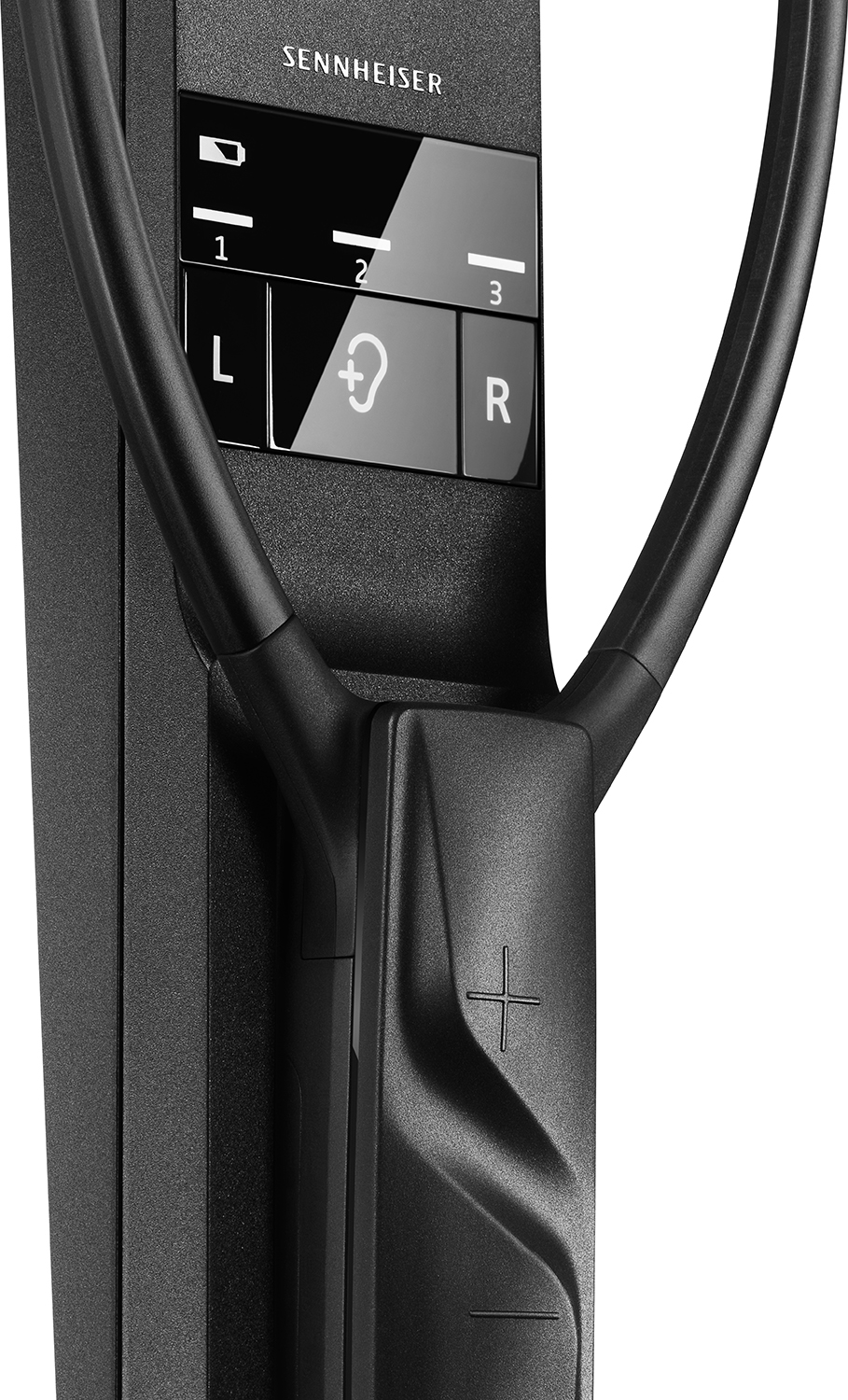 Black Sennheiser neckband headset with control buttons and charging indicator lights.