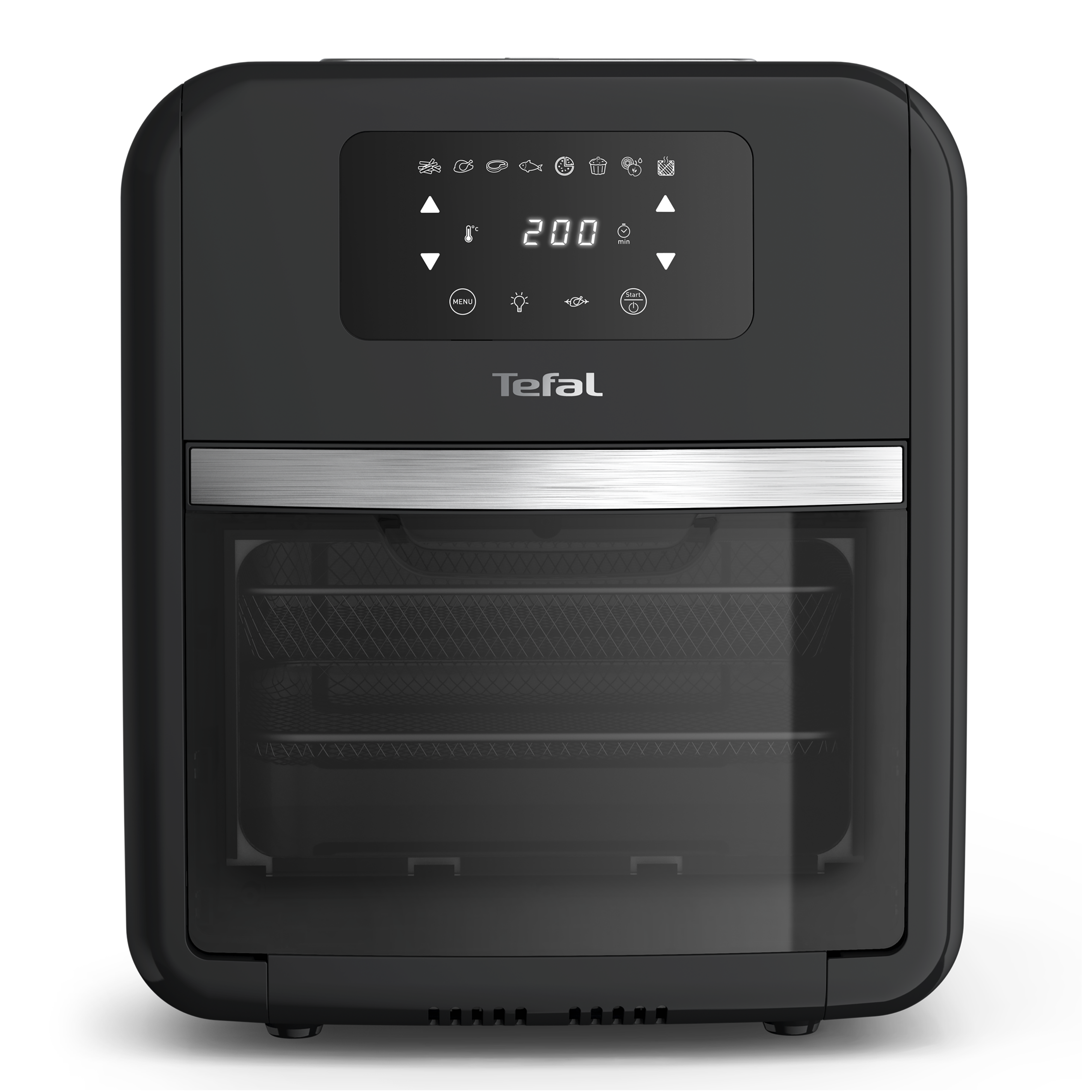 Egy fekete Tefal légkeveréses sütő digitális kijelzővel, amely a beállításokat és a hőmérsékletet mutatja.