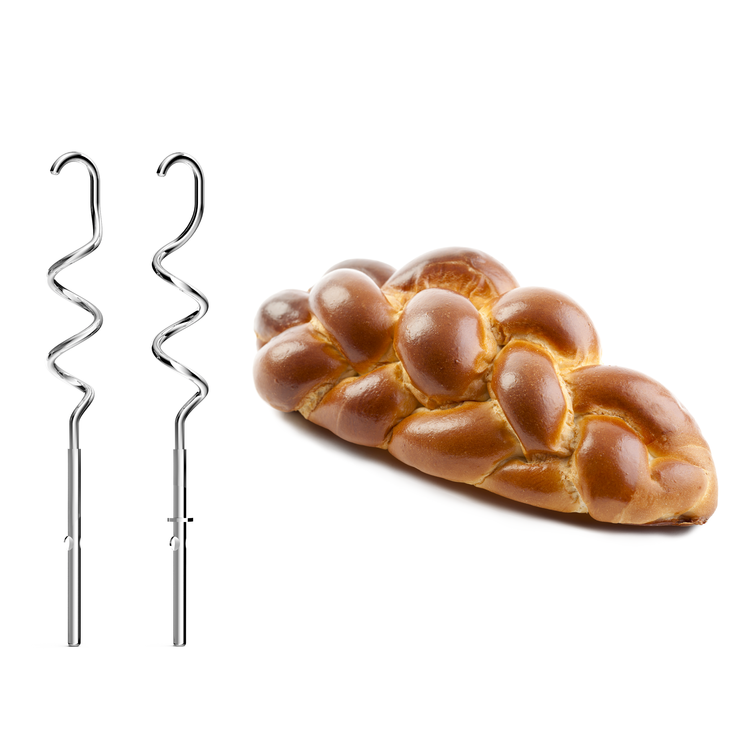 Egy kenyér és két ezüst spirál alakú keverőfej fehér háttér előtt.