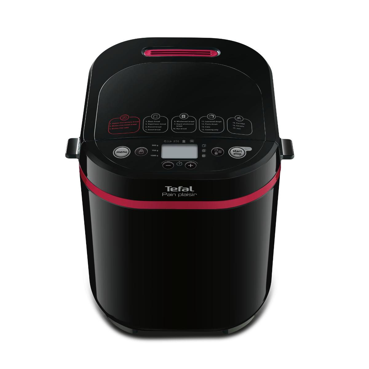 Fekete Tefal Pain Plaisir kenyérsütő gép piros díszítéssel. Digitális kijelzője és gombjai vannak.