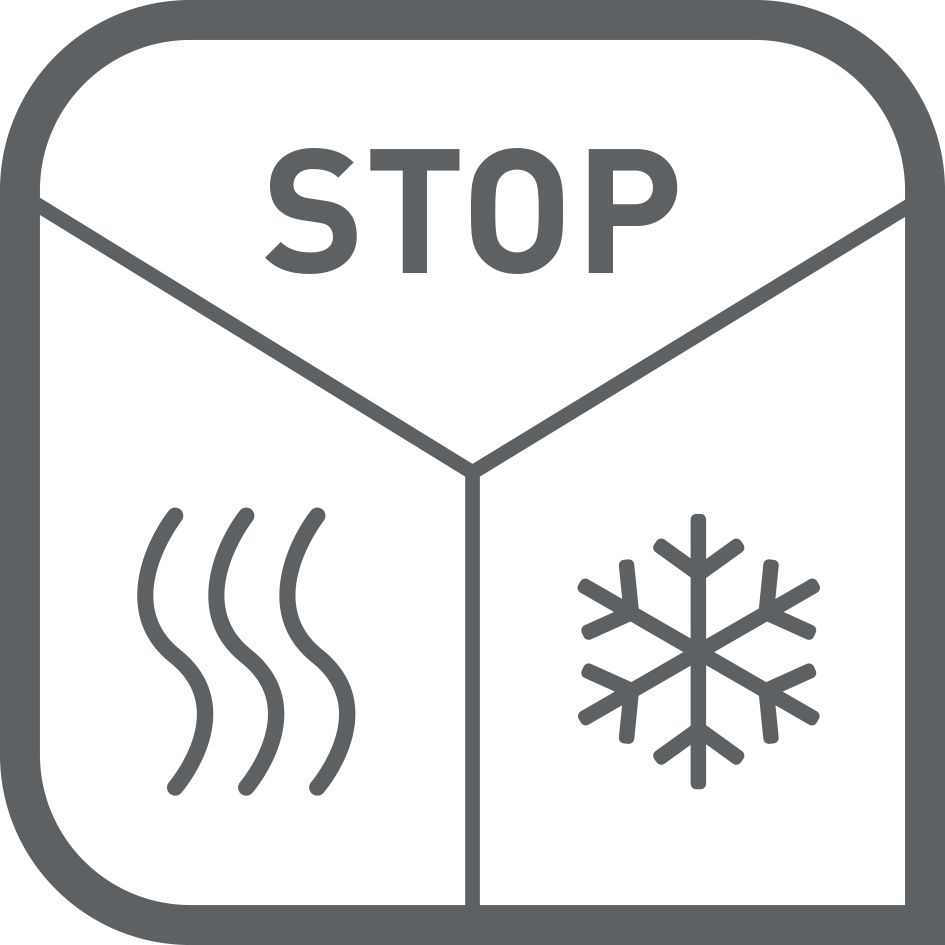 A szimbólum egy stop táblát, gőzt és hópihét mutat egy szürke keretben.
