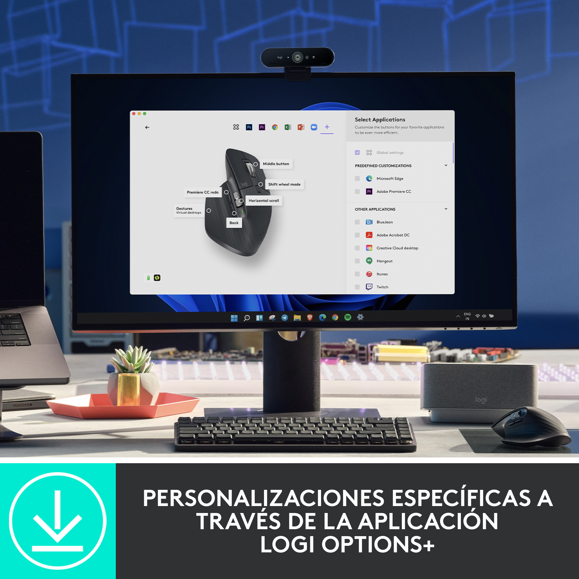 Configuración de computadora con monitor, cámara web, teclado y ratón.  Info de app.