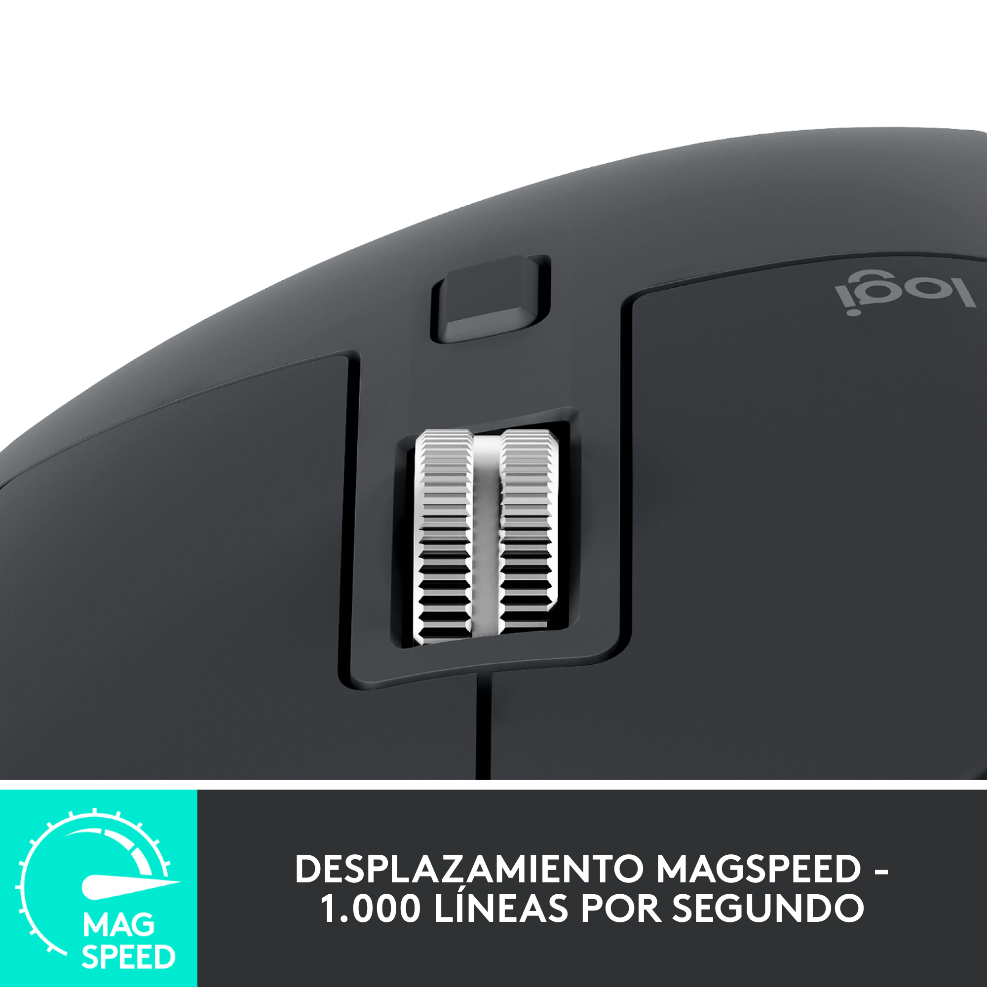 Ratón Logitech negro con rueda de desplazamiento y texto.