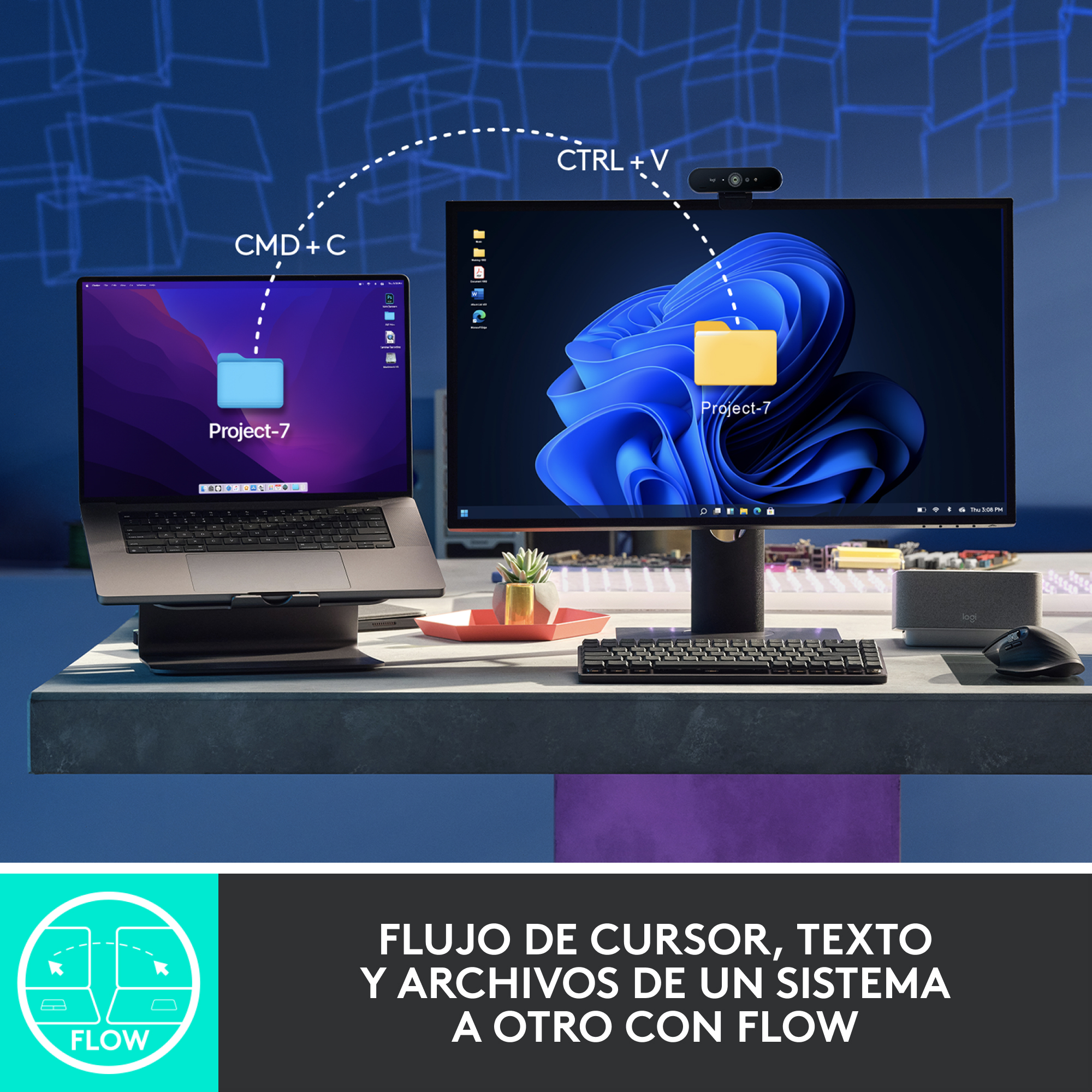 Dos portátiles y un monitor con iconos y texto de transferencia de archivos.