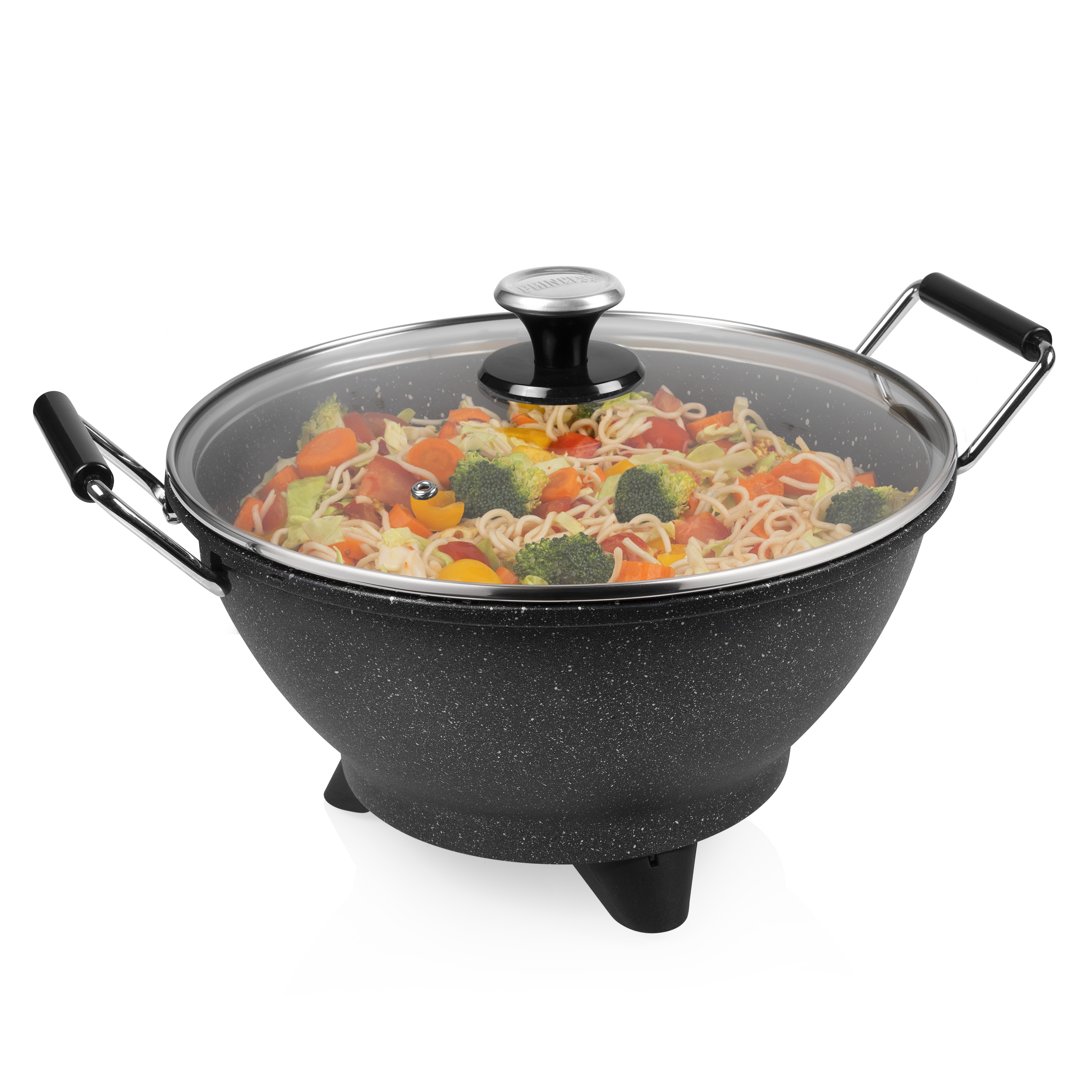 A wok with food inside, covered with a glass lid, on a white background.