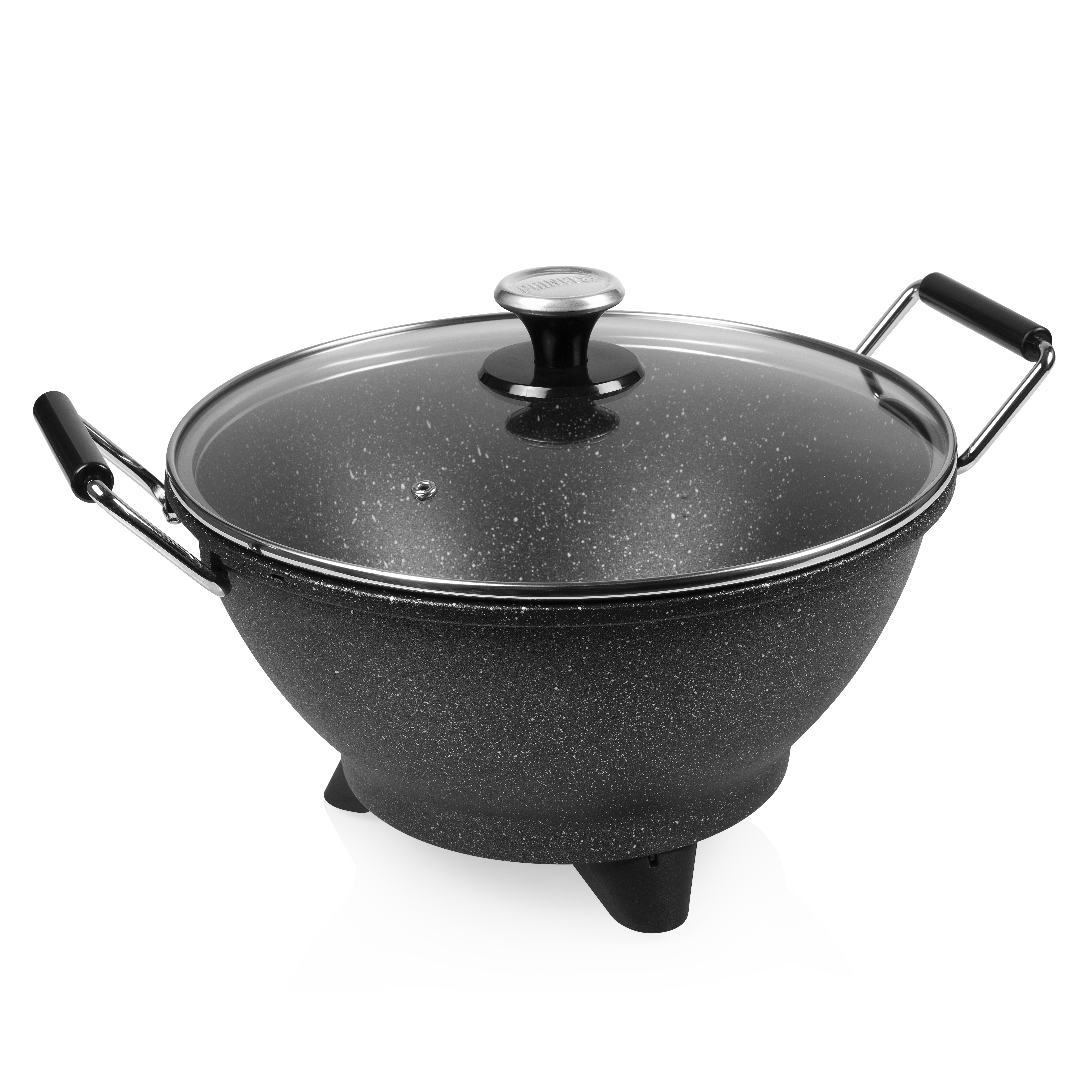 A black wok with a glass lid and handles on a white surface.