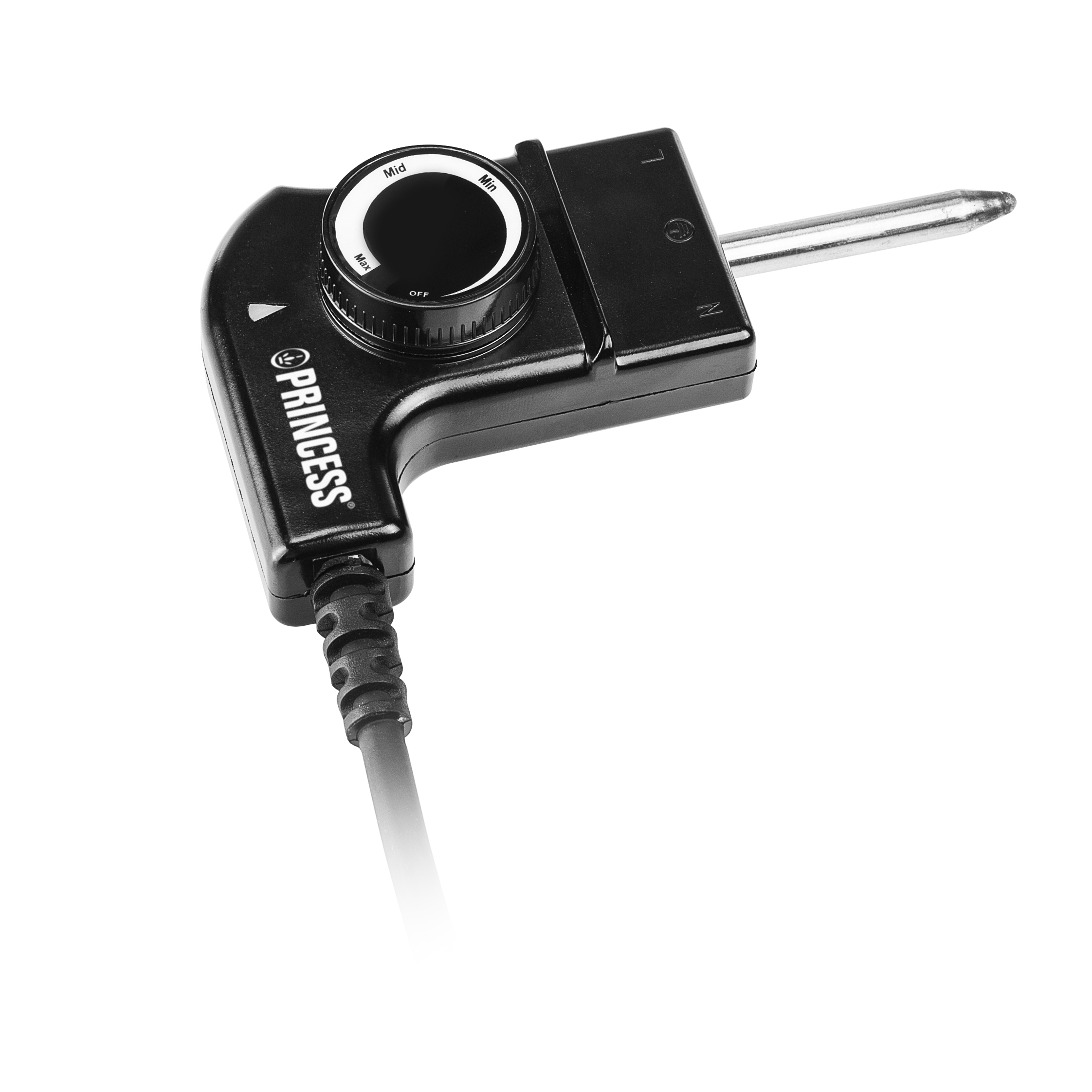 Black temperature control for an electric griddle. It has a dial and a probe connected.