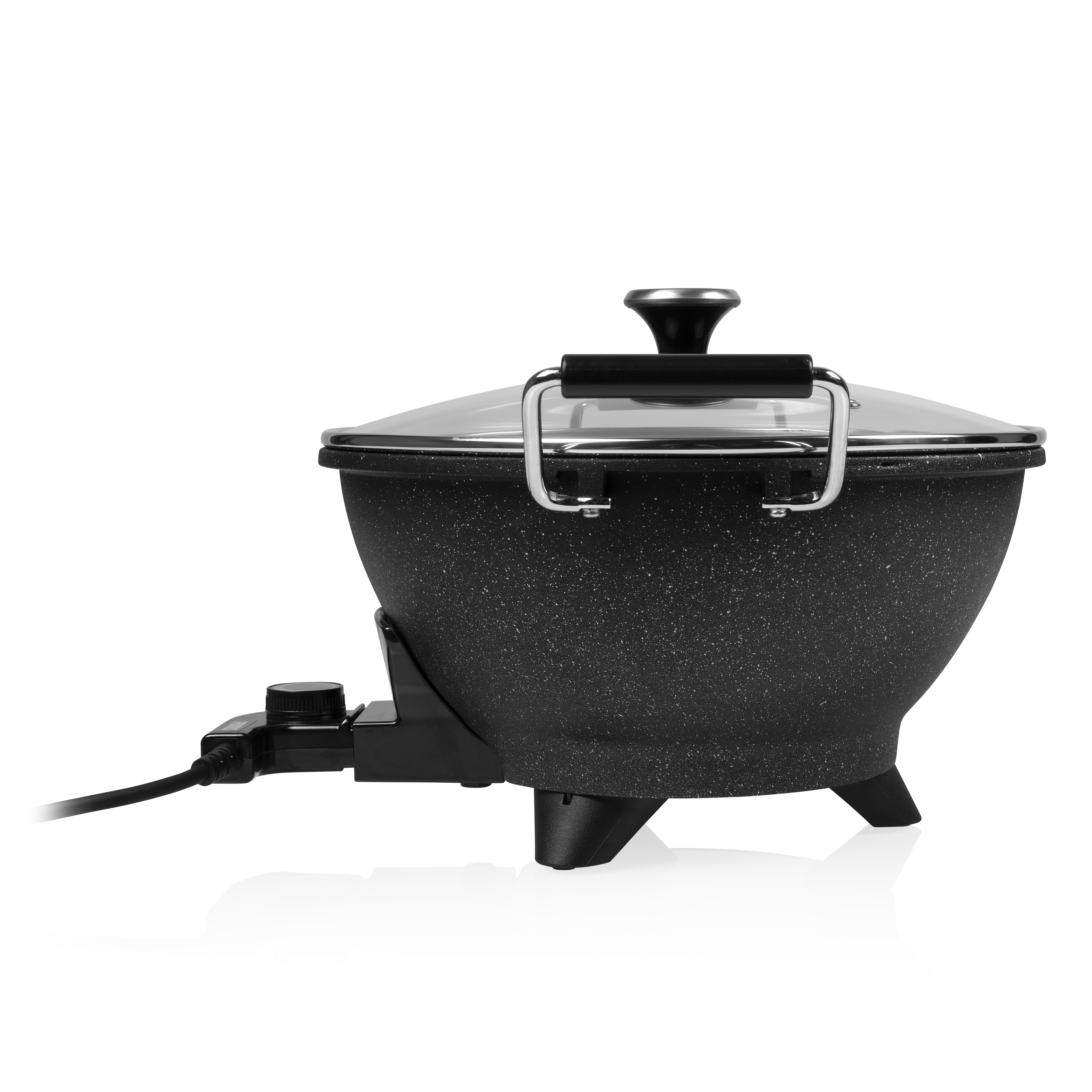 Electric skillet with lid, black body, and granite-like surface.