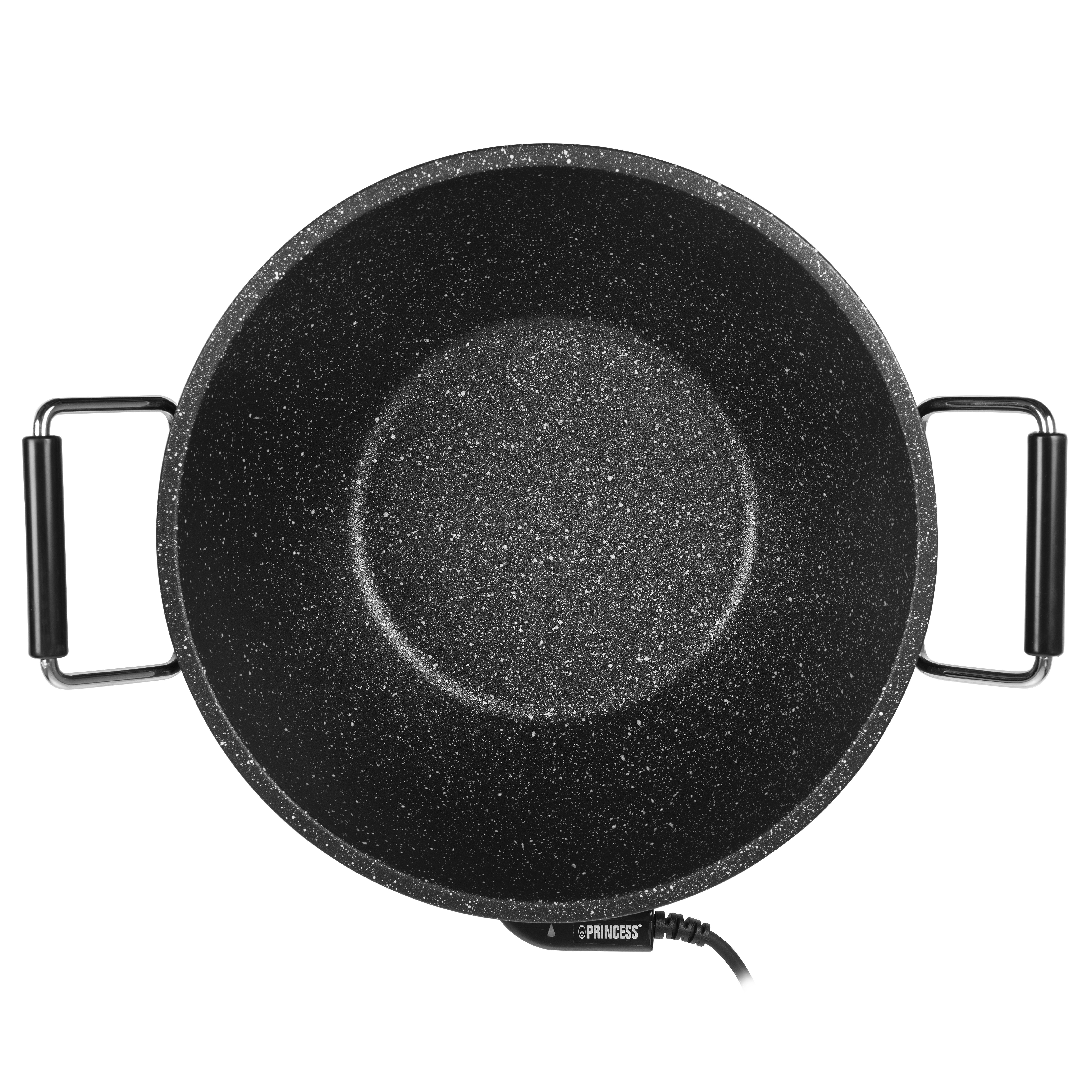 Top-down view of a black non-stick frying pan. It has two black handles and a power cord.