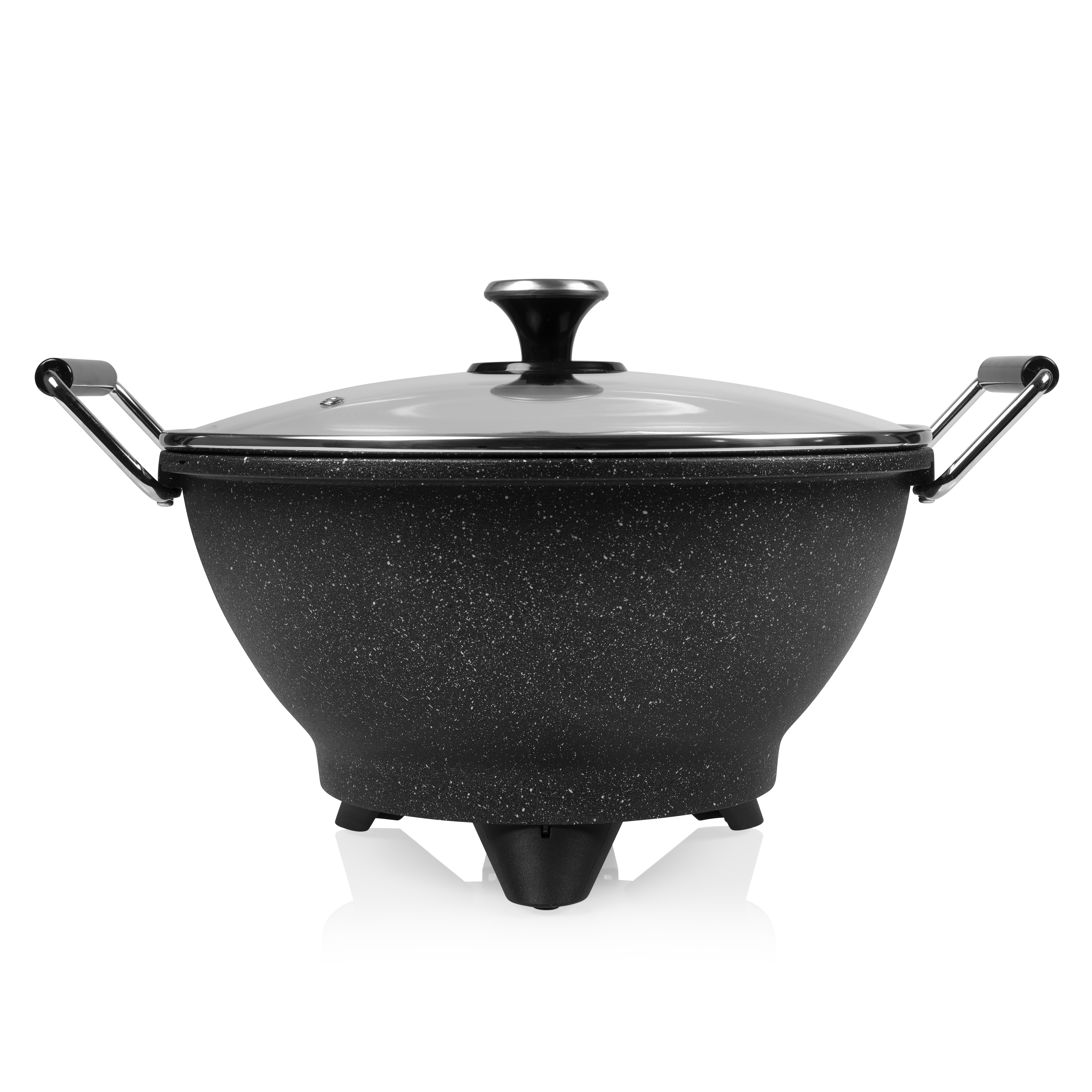 A black wok-style cooking pot with a glass lid.