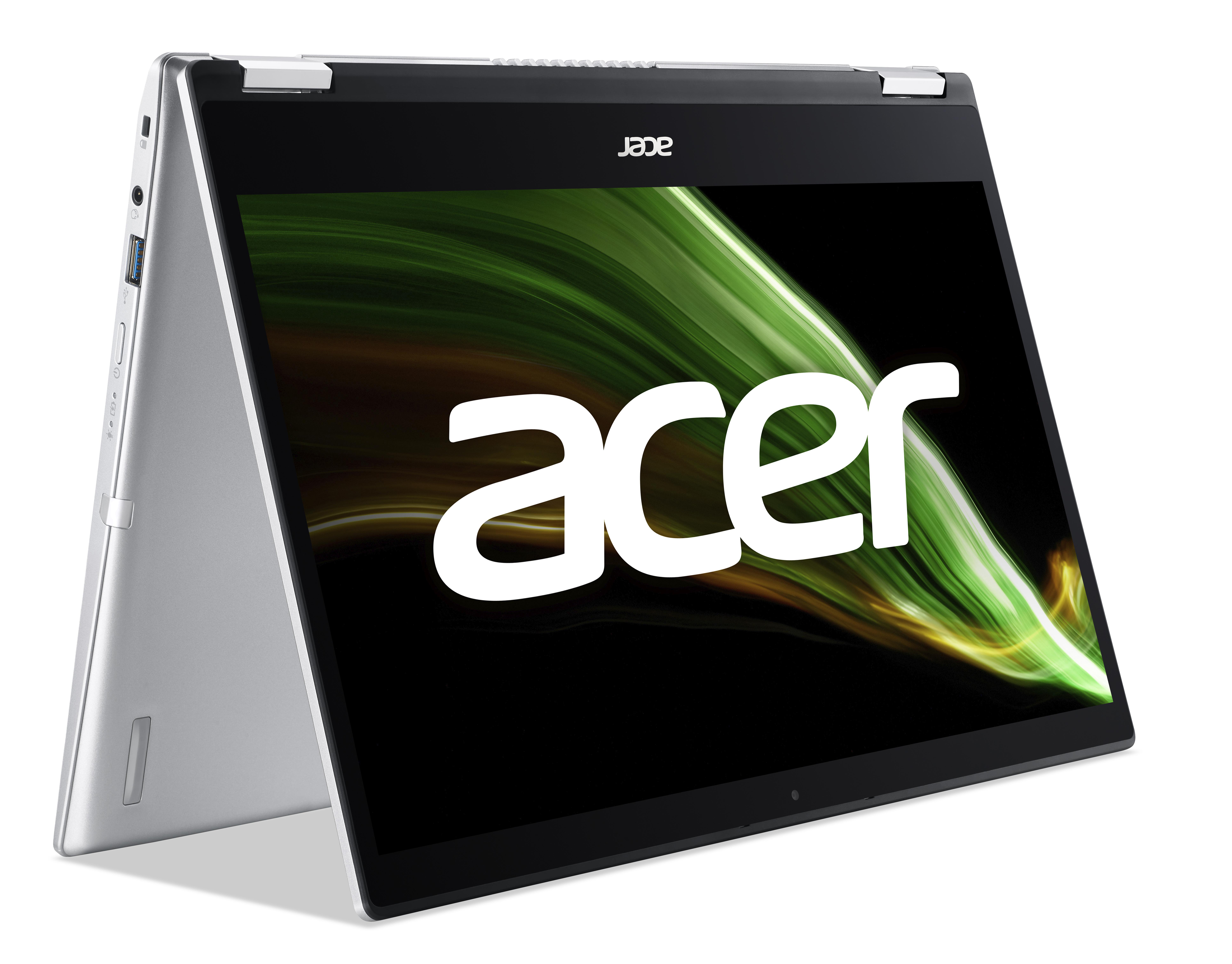 Acer Laptop, geöffnet, zeigt das Acer-Logo auf dem Bildschirm. Der Laptop ist silber.