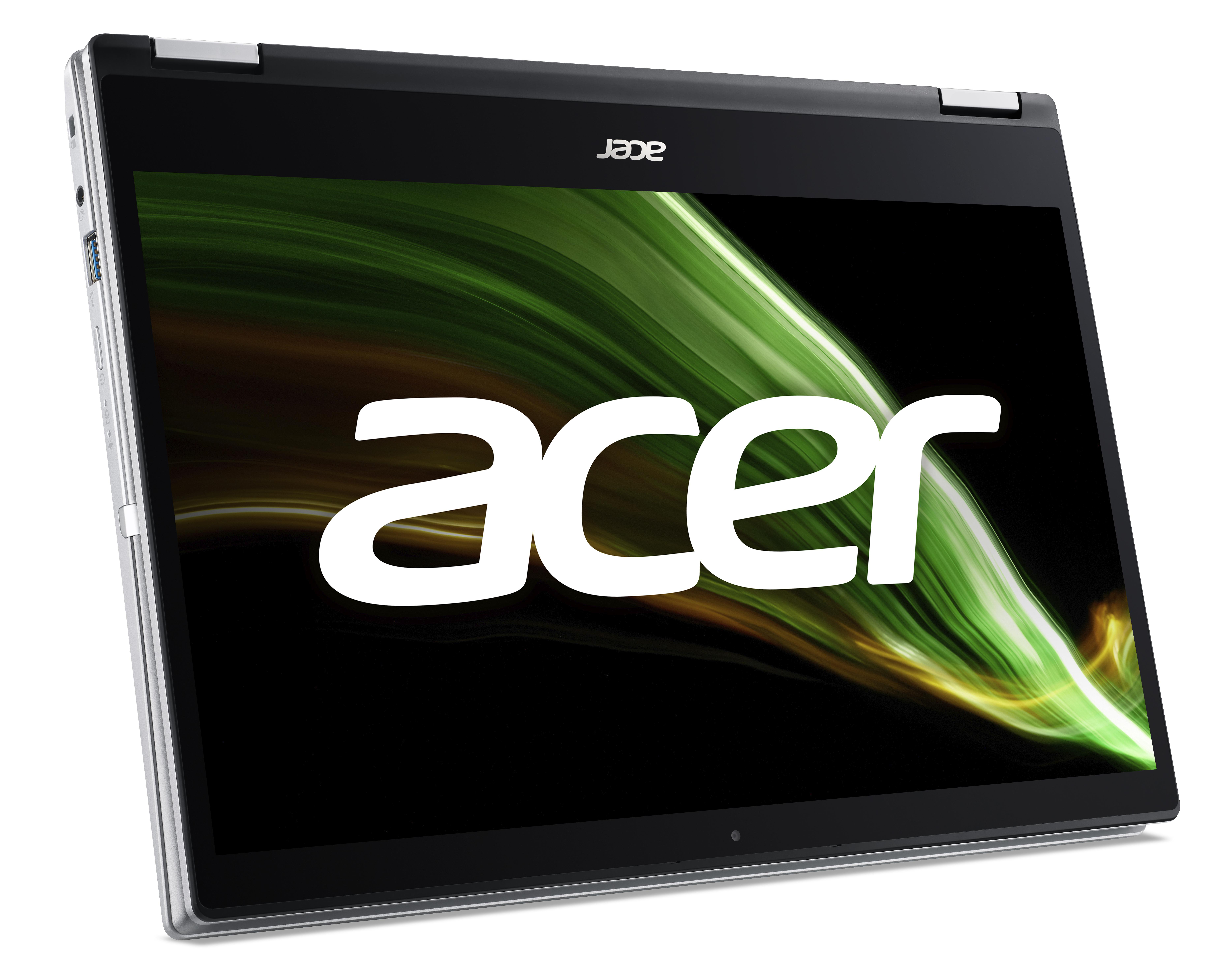 Ein silberner Laptop mit geöffnetem Bildschirm, der das Acer-Logo mit grünem und gelbem Design zeigt.