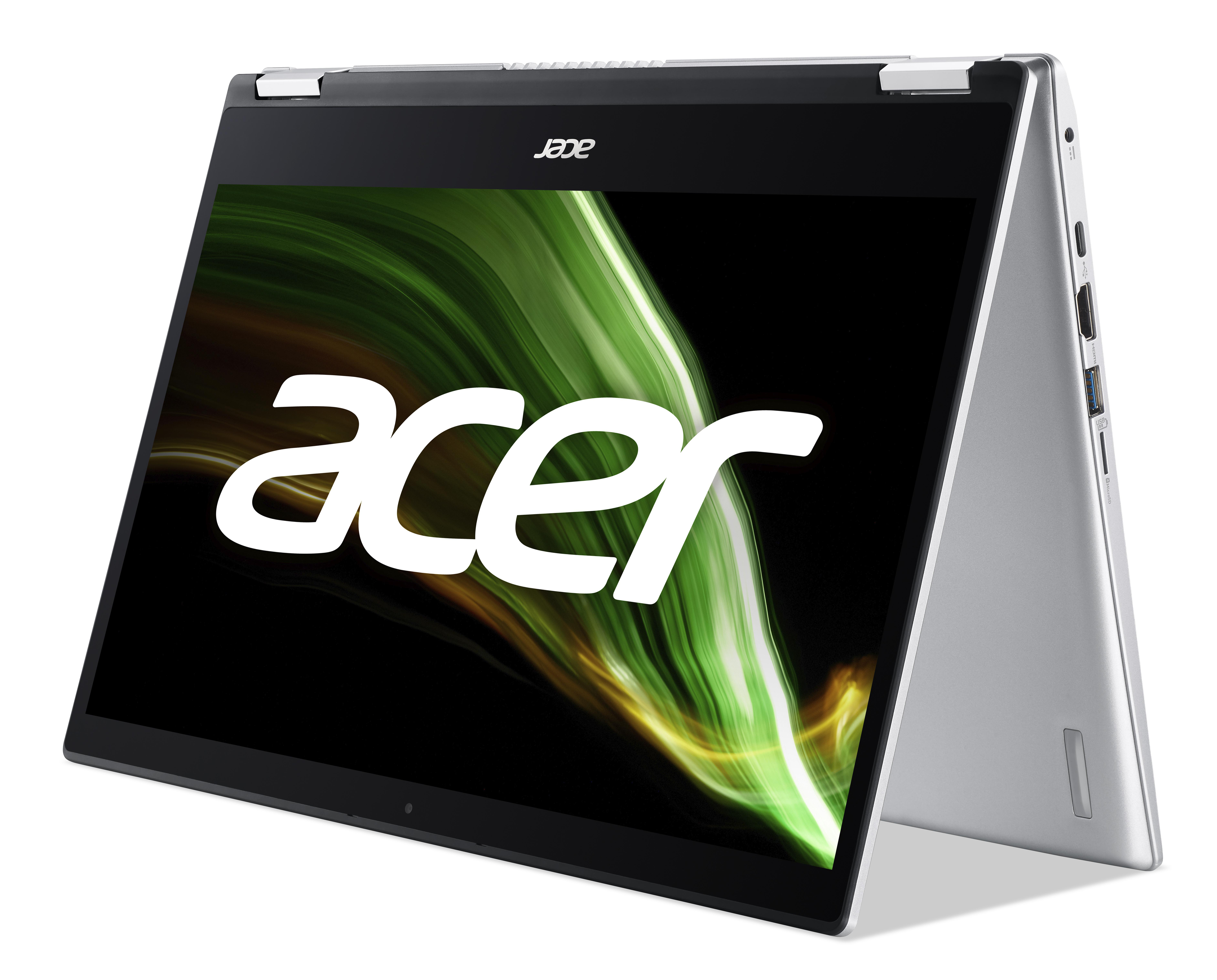 Acer Laptop im Zeltmodus, Bildschirm zeigt grün und schwarz.