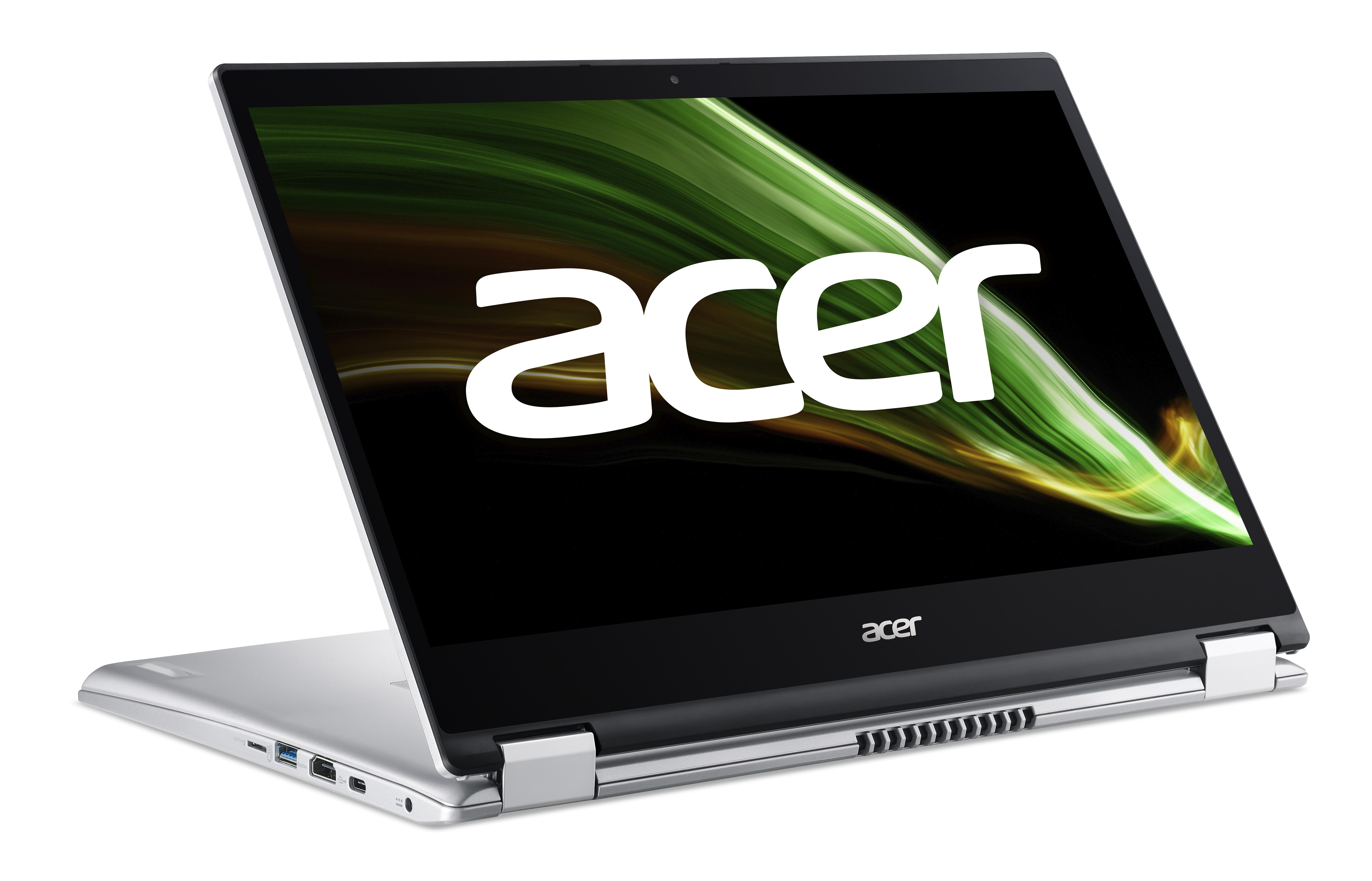 Silberner Laptop auf Weiß, Bildschirm zeigt Acer-Logo. Der Bildschirm ist angewinkelt geöffnet.