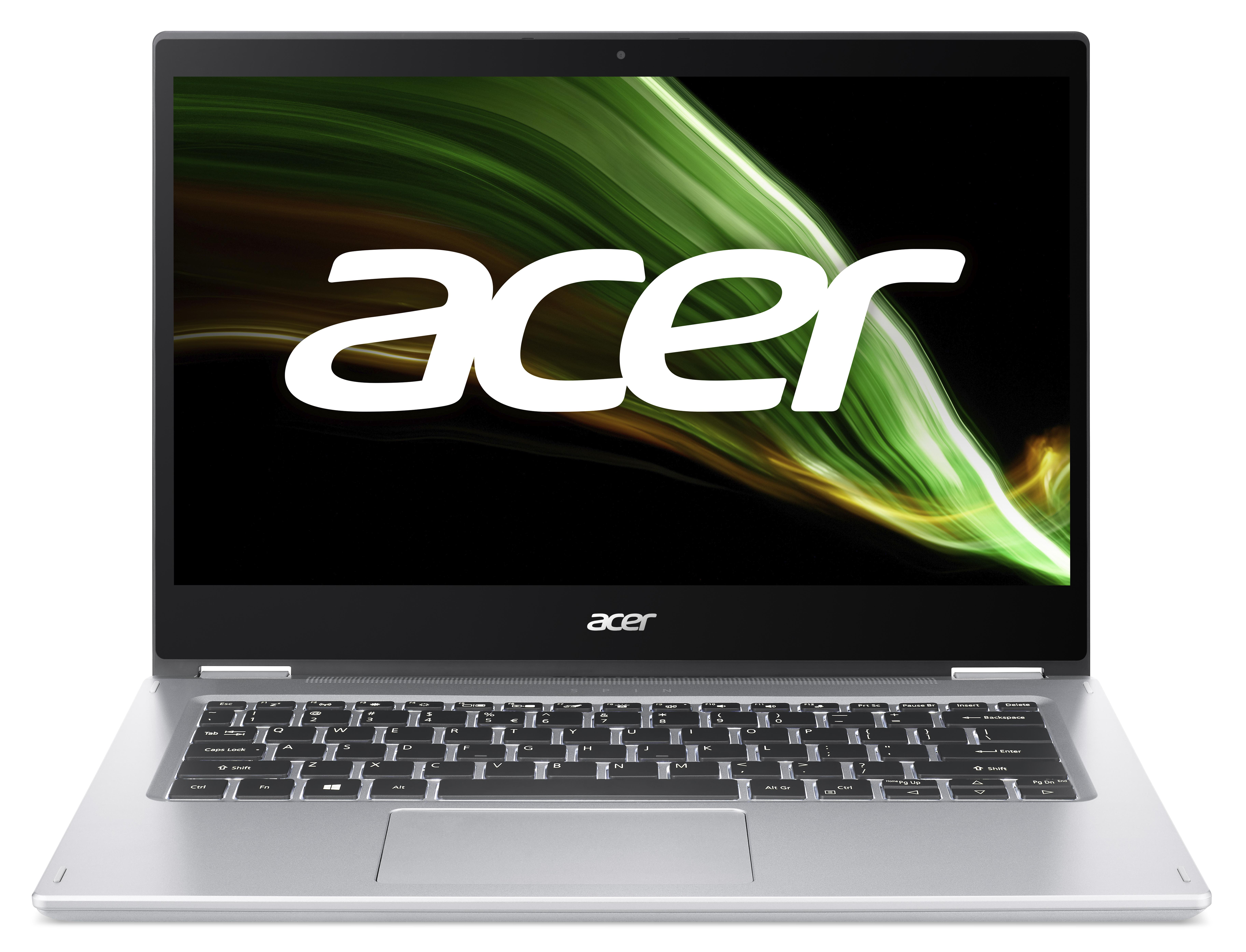 Silberner Laptop mit dem Wort 'acer' auf dem Bildschirm und der Tastatur.