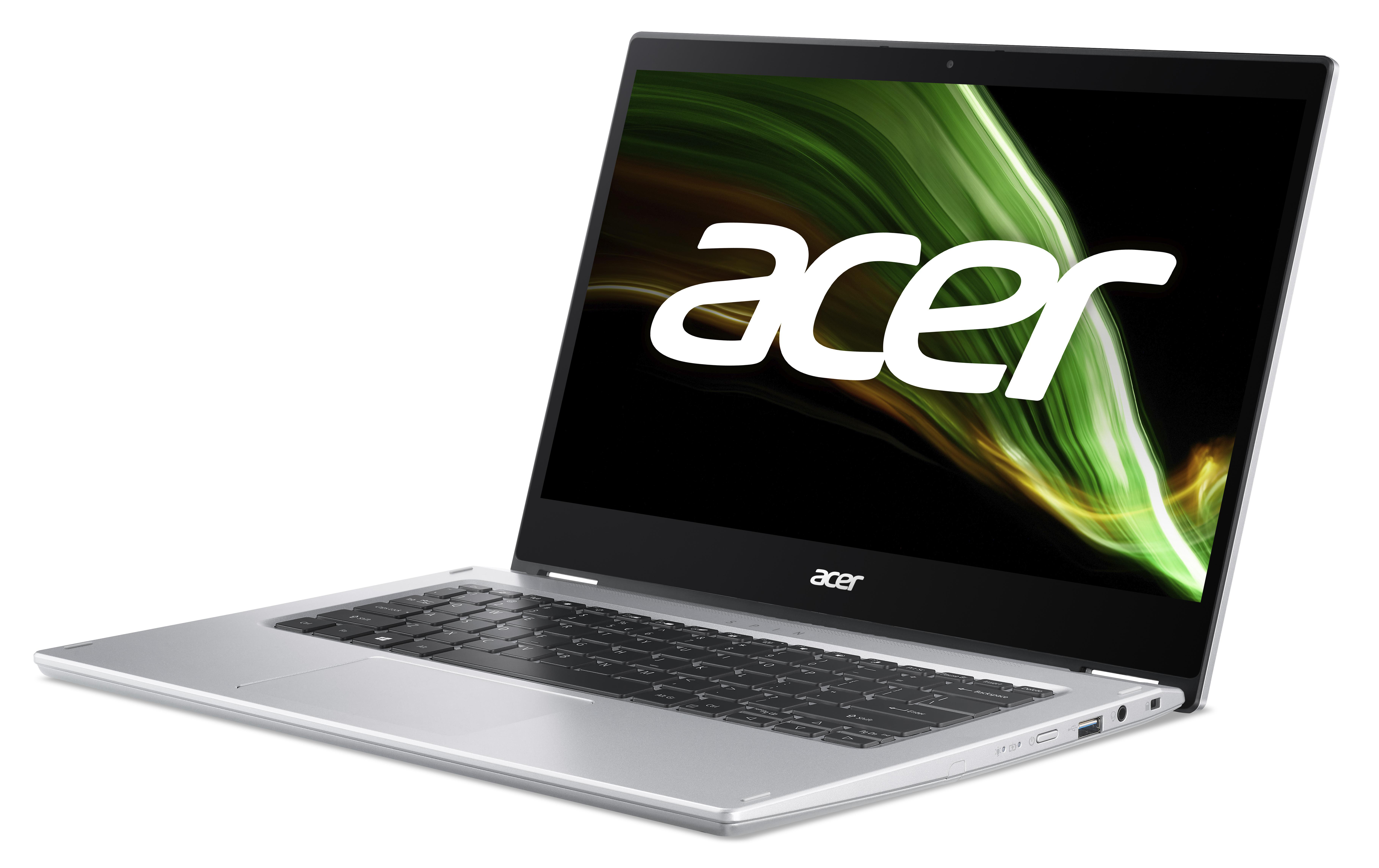 Silberner Laptop mit geöffnetem Bildschirm, der ein grünes/gelbes Design zeigt.