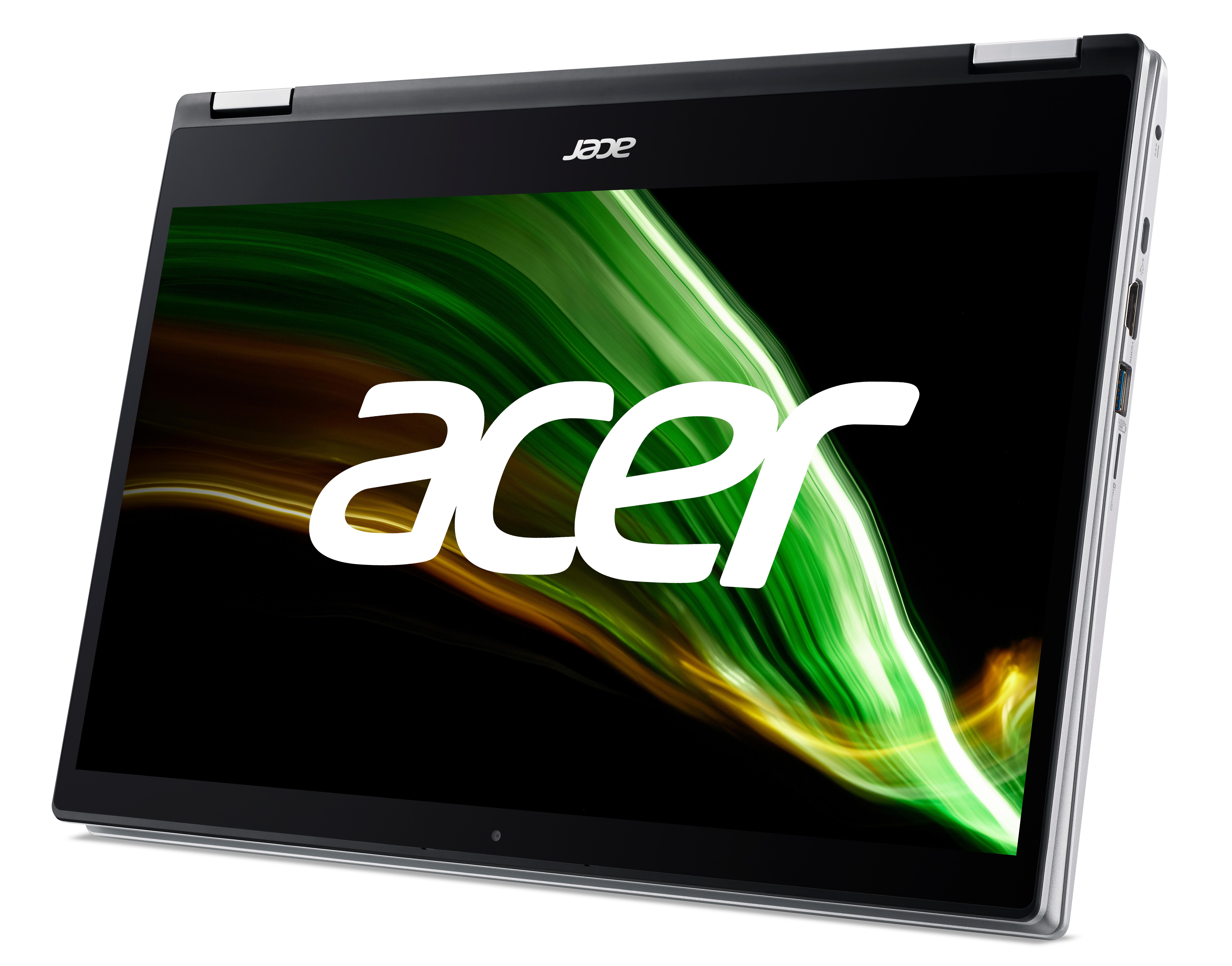 Ein schwarzes und silbernes Acer-Laptop, offen geneigt, zeigt grüne und gelbe Grafiken mit dem Acer-Logo.
