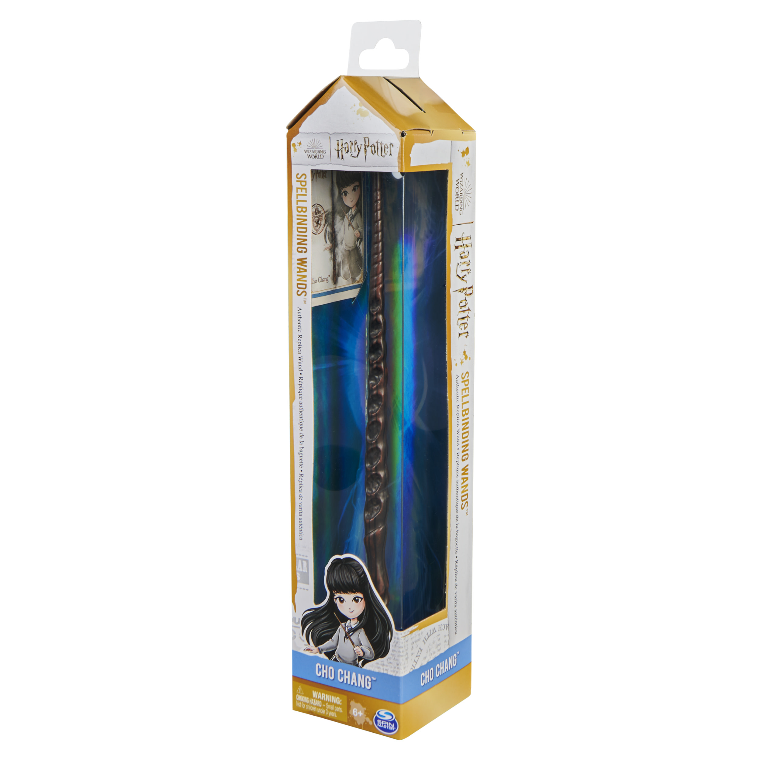 Ein Zauberstab in einer Schachtel. Auf der Schachtel steht "Spellbinding Wands" und ein Bild von Cho Chang.