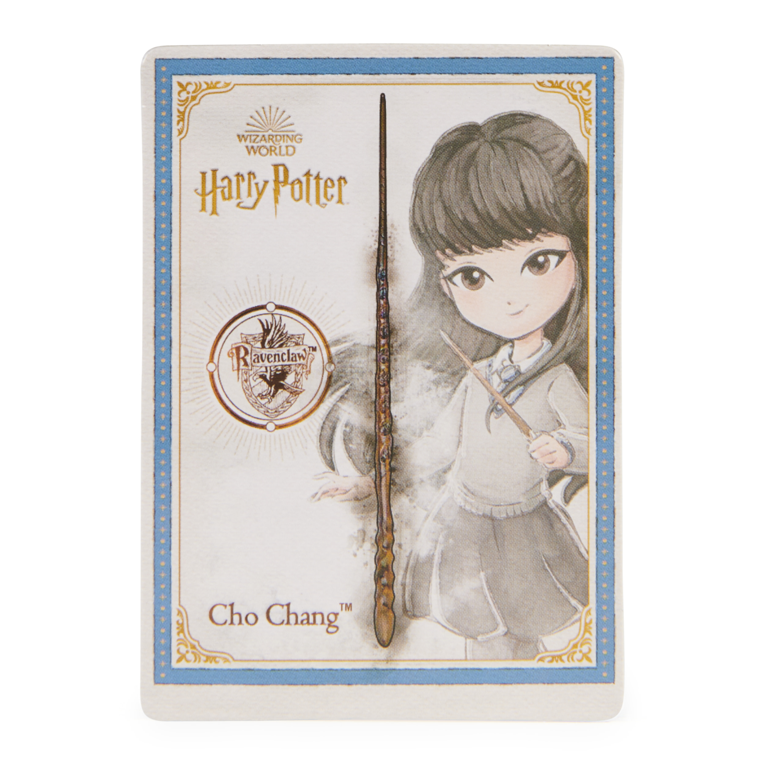 Harry Potter Sammelkarte mit Cho Chang mit einem Zauberstab. Die Karte ist rechteckig mit Rand.