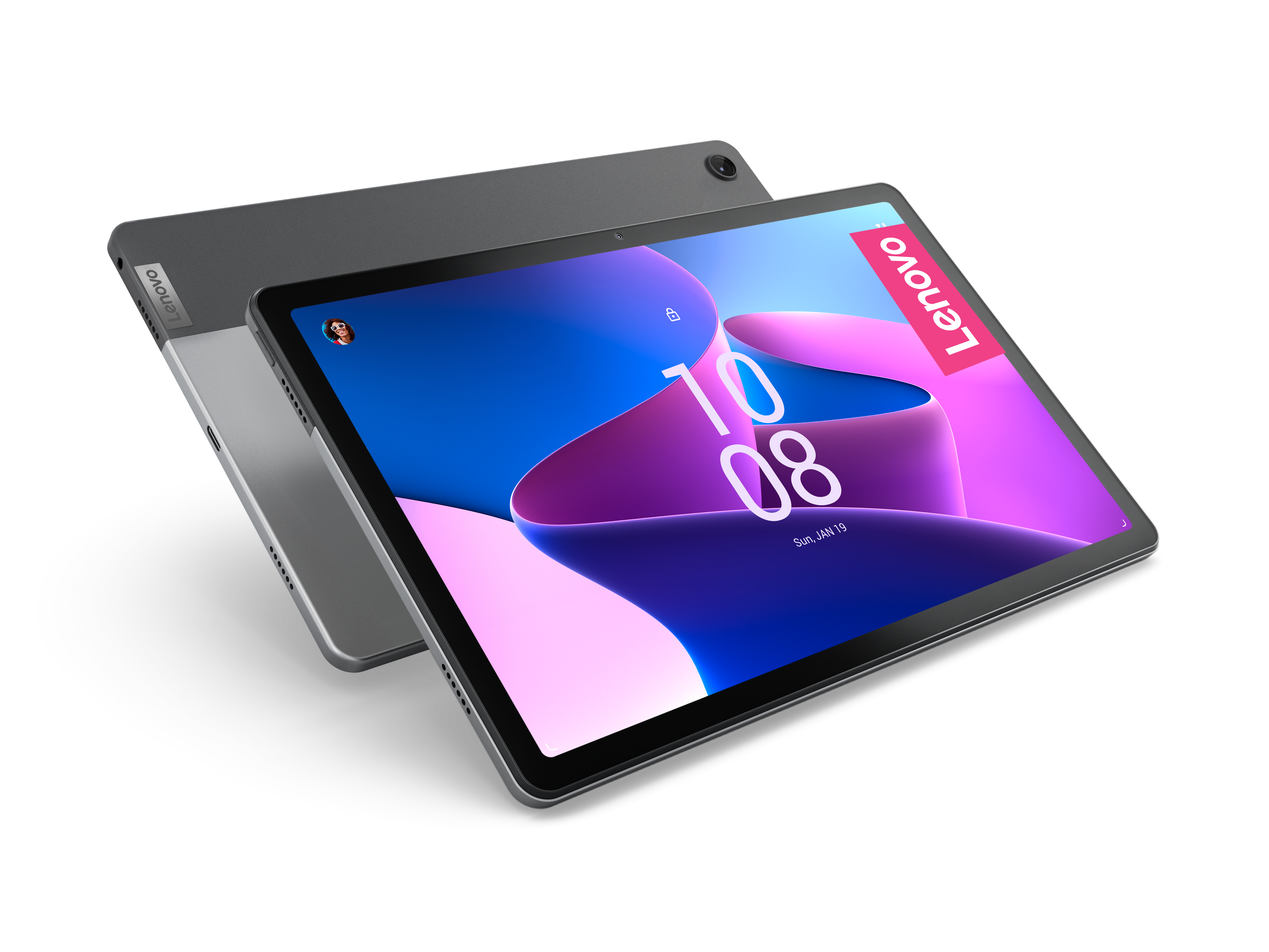 Zwei graue Tablets, eines zeigt einen bunten Bildschirm mit Datum, vor schwarzem Hintergrund.