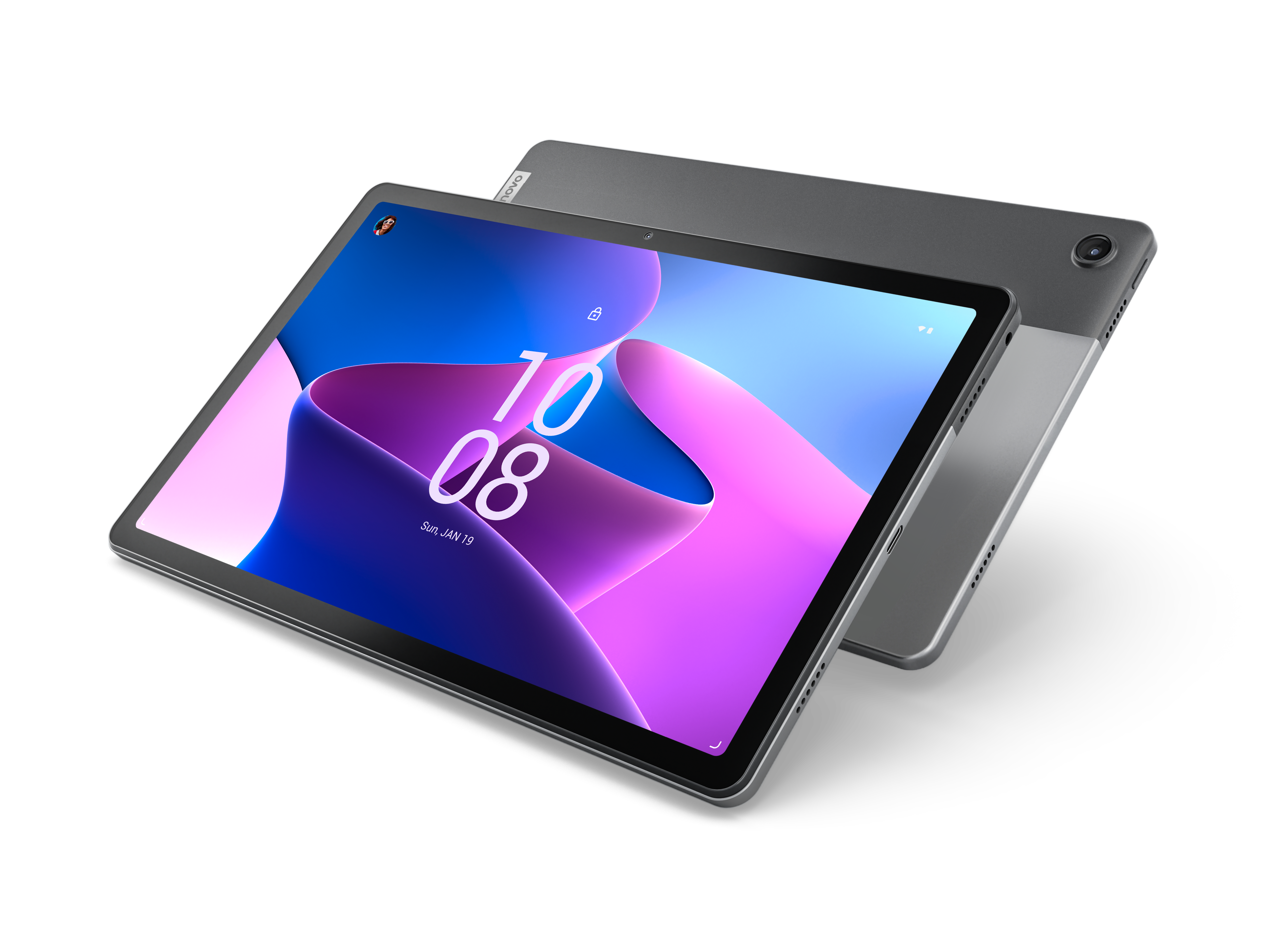 Ein graues Tablet mit einem Kalender auf dem Bildschirm. Ein anderes Tablet liegt dahinter.