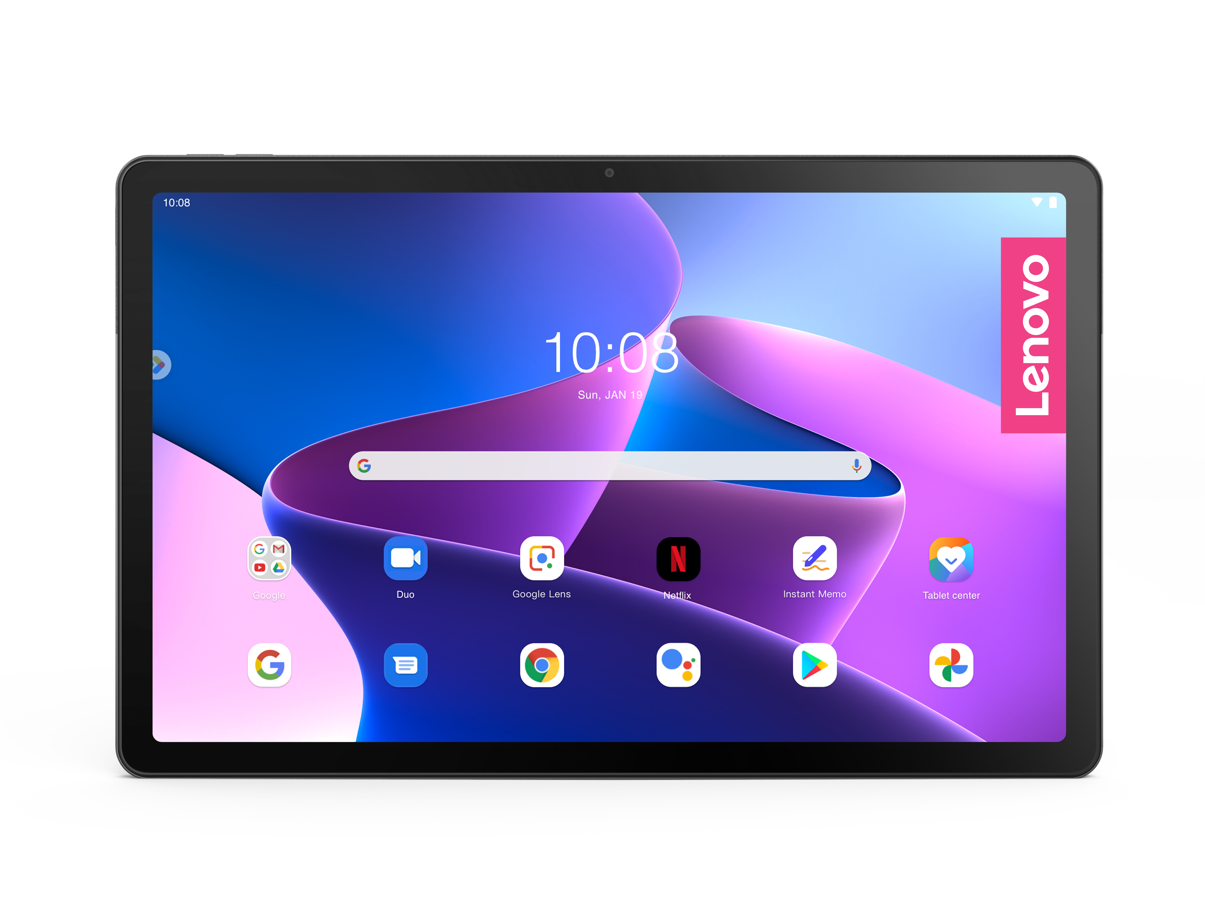 Schwarzes Lenovo-Tablet zeigt einen bunten Hintergrund mit Apps.