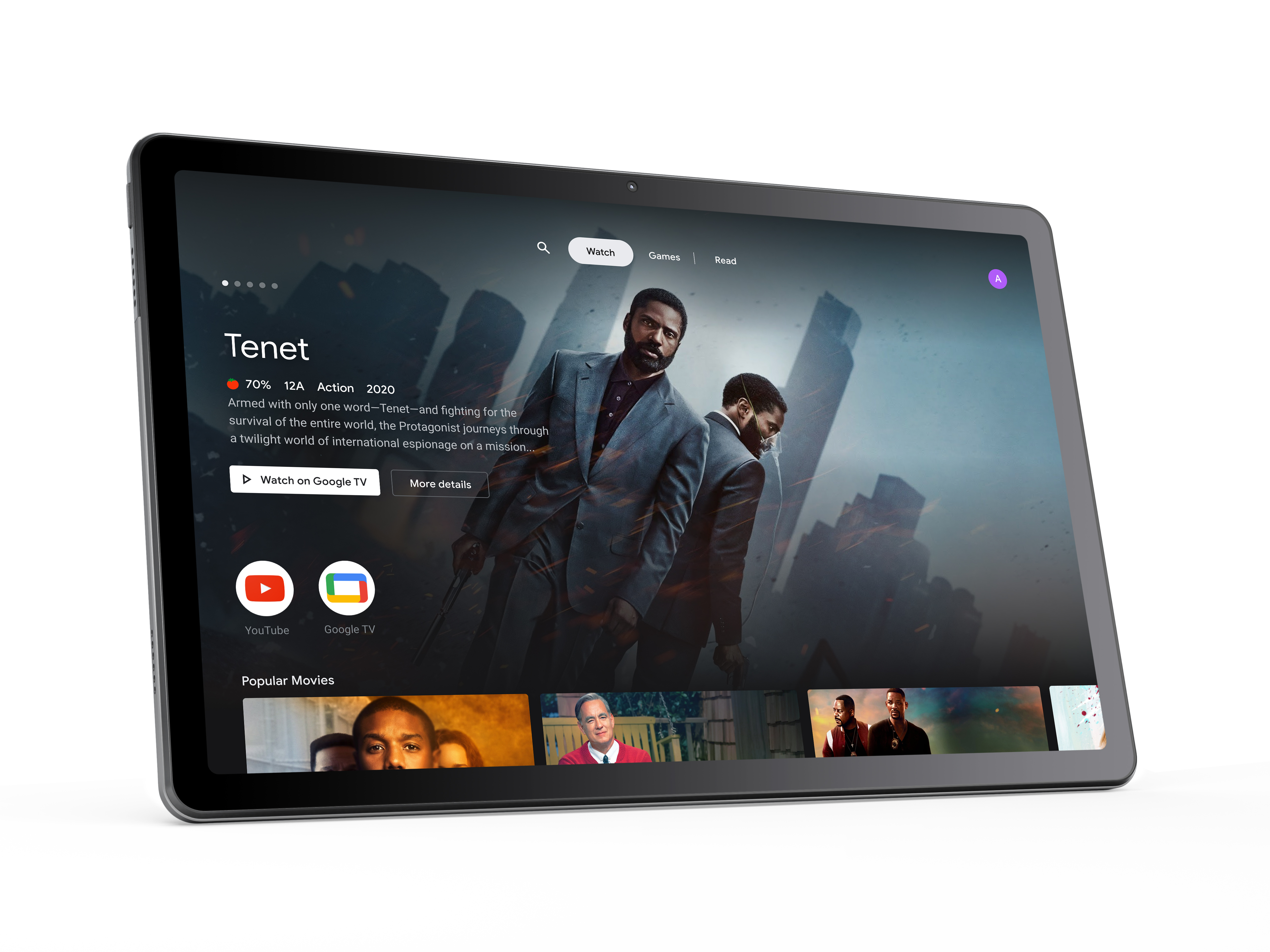 Tablet, das ein Filmplakat mit dem Text 'Tenet' und Filminformationen anzeigt.